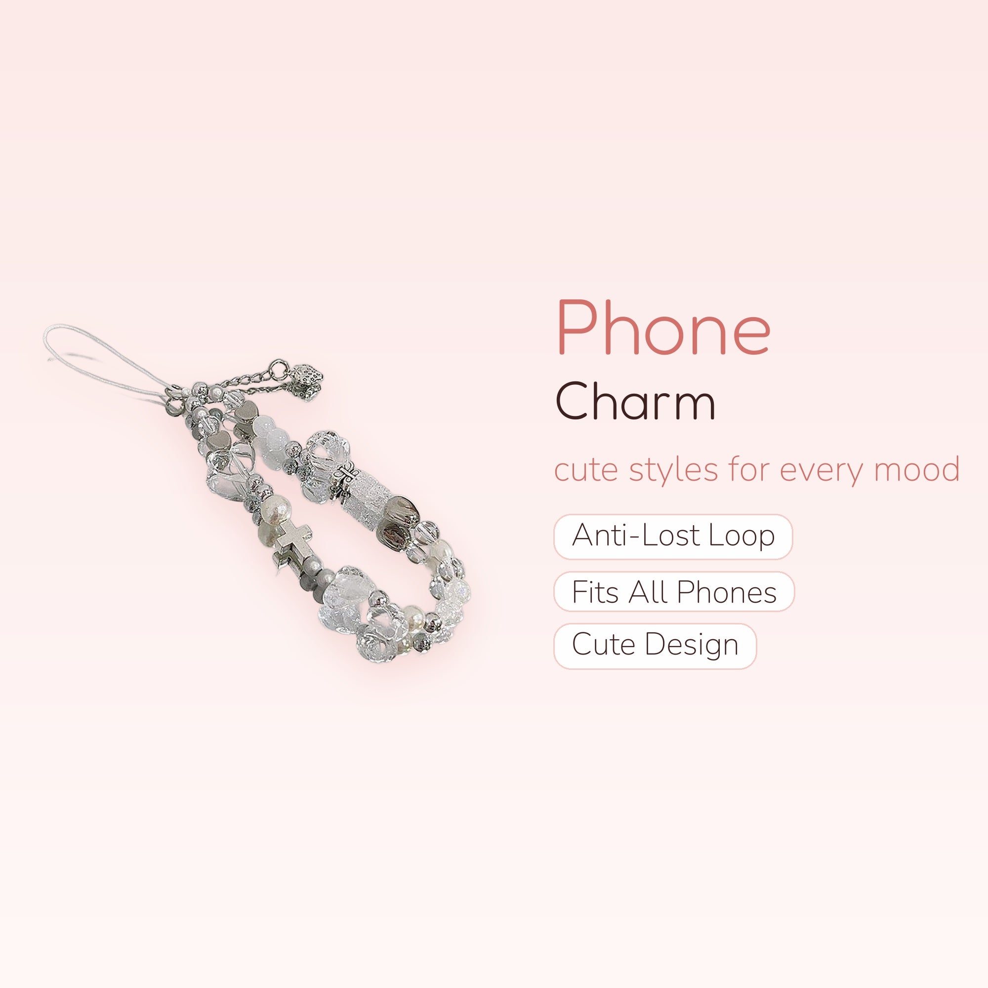 Aesthetic Clear & Silver Beaded Phone Charm | Cute Cross & Heart Wrist Strap