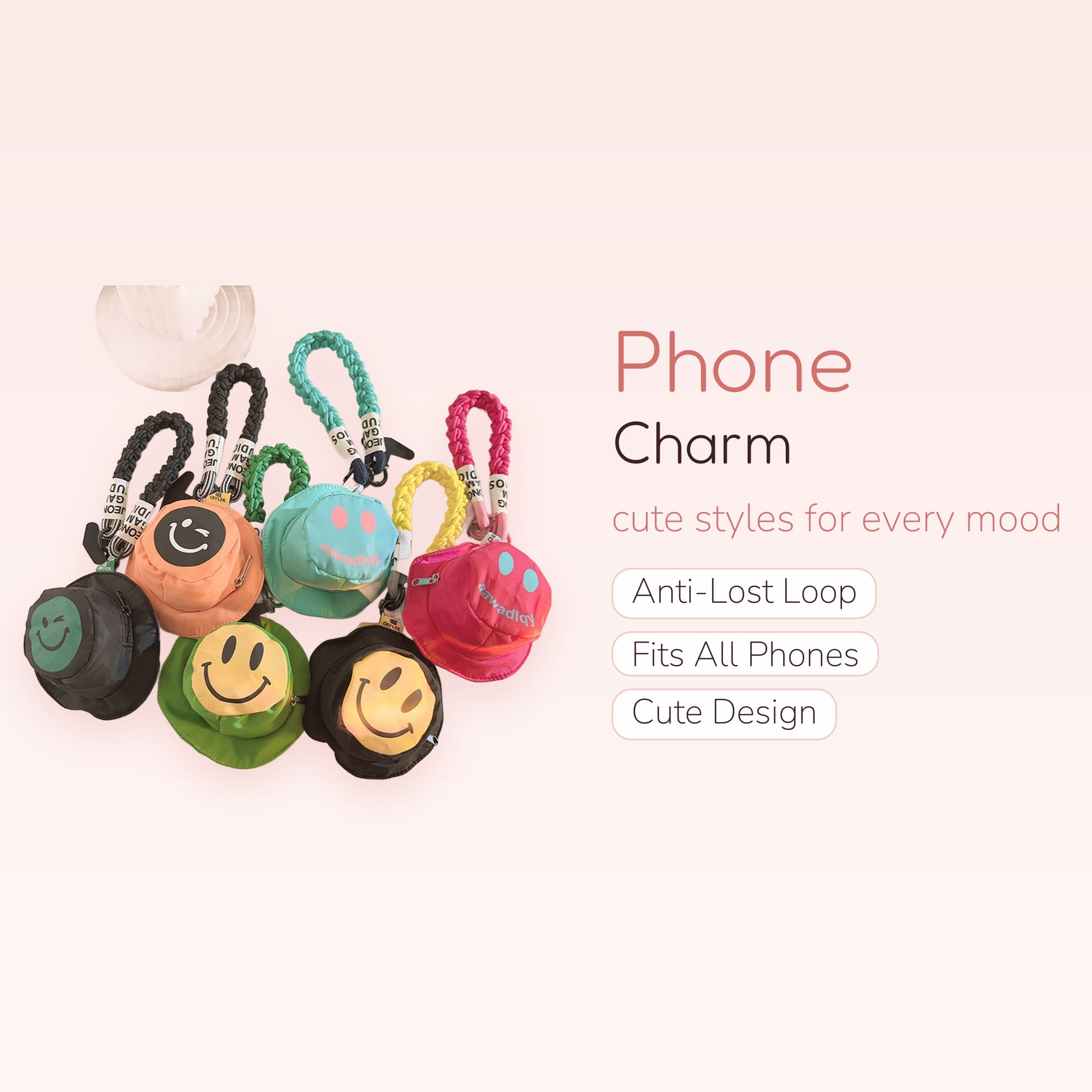 Kawaii Bucket Hat Phone Charm | Cute Smiley Face Wrist Strap Lanyard