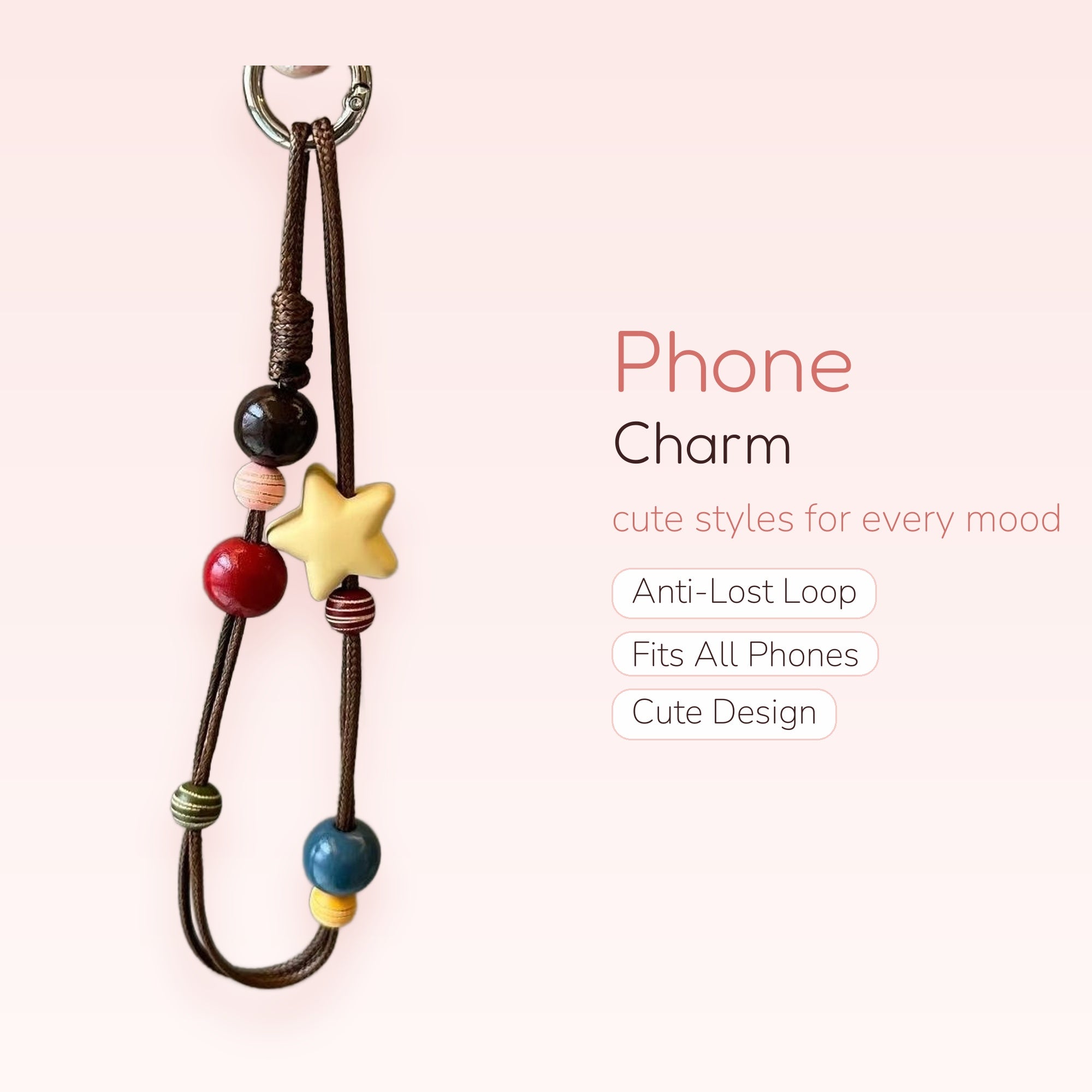 Aesthetic Wooden Bead & Star Phone Charm | Colorful Beaded Wrist Lanyard