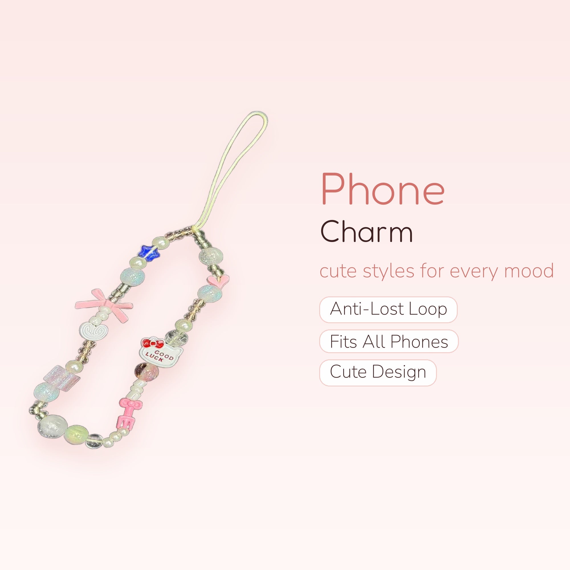 Kawaii Pearl & Hello Kitty Phone Charm Strap | Pastel Beaded Wrist Lanyard