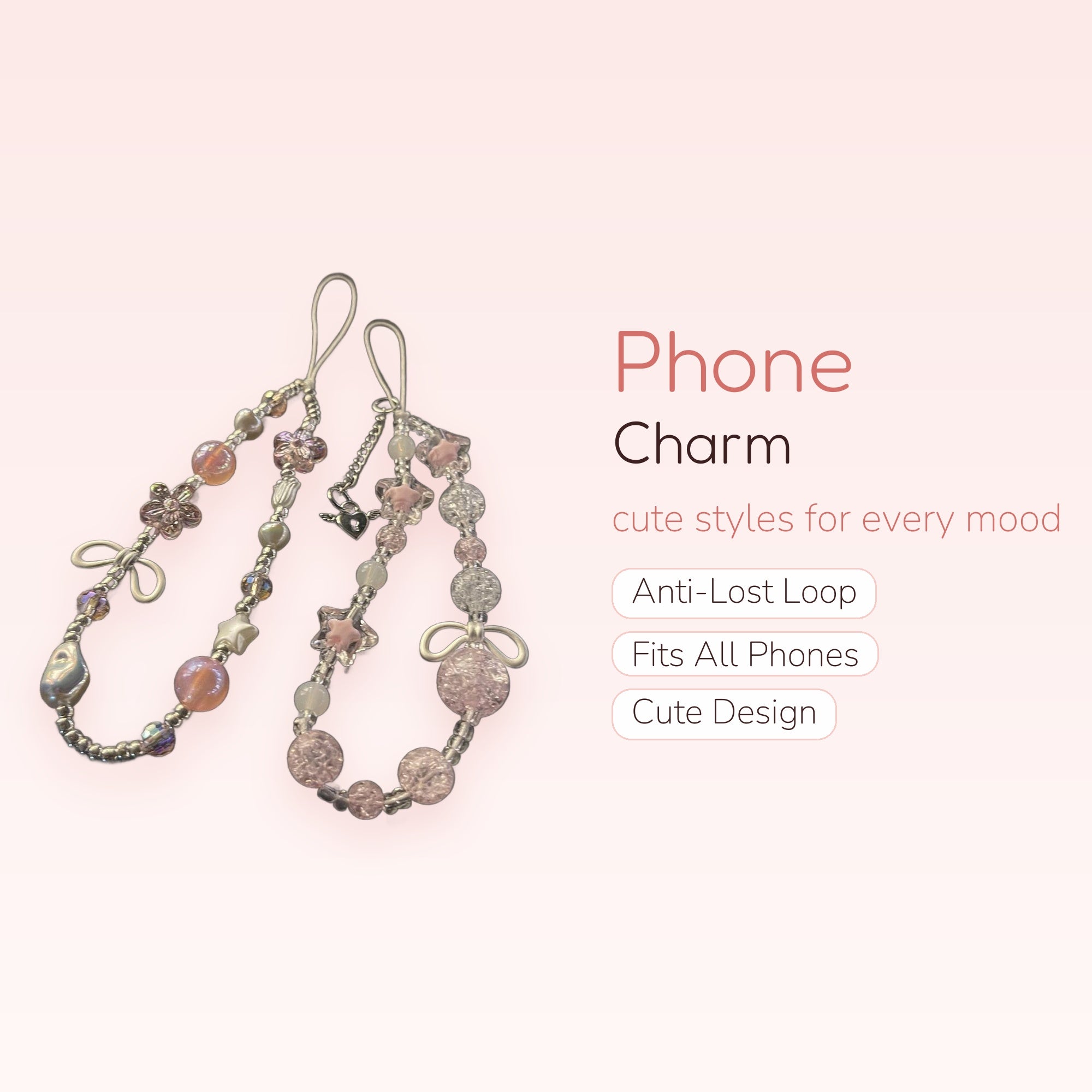 Pastel Pink & Silver Beaded Phone Charm Strap | Cute Flower & Star Wrist Lanyard
