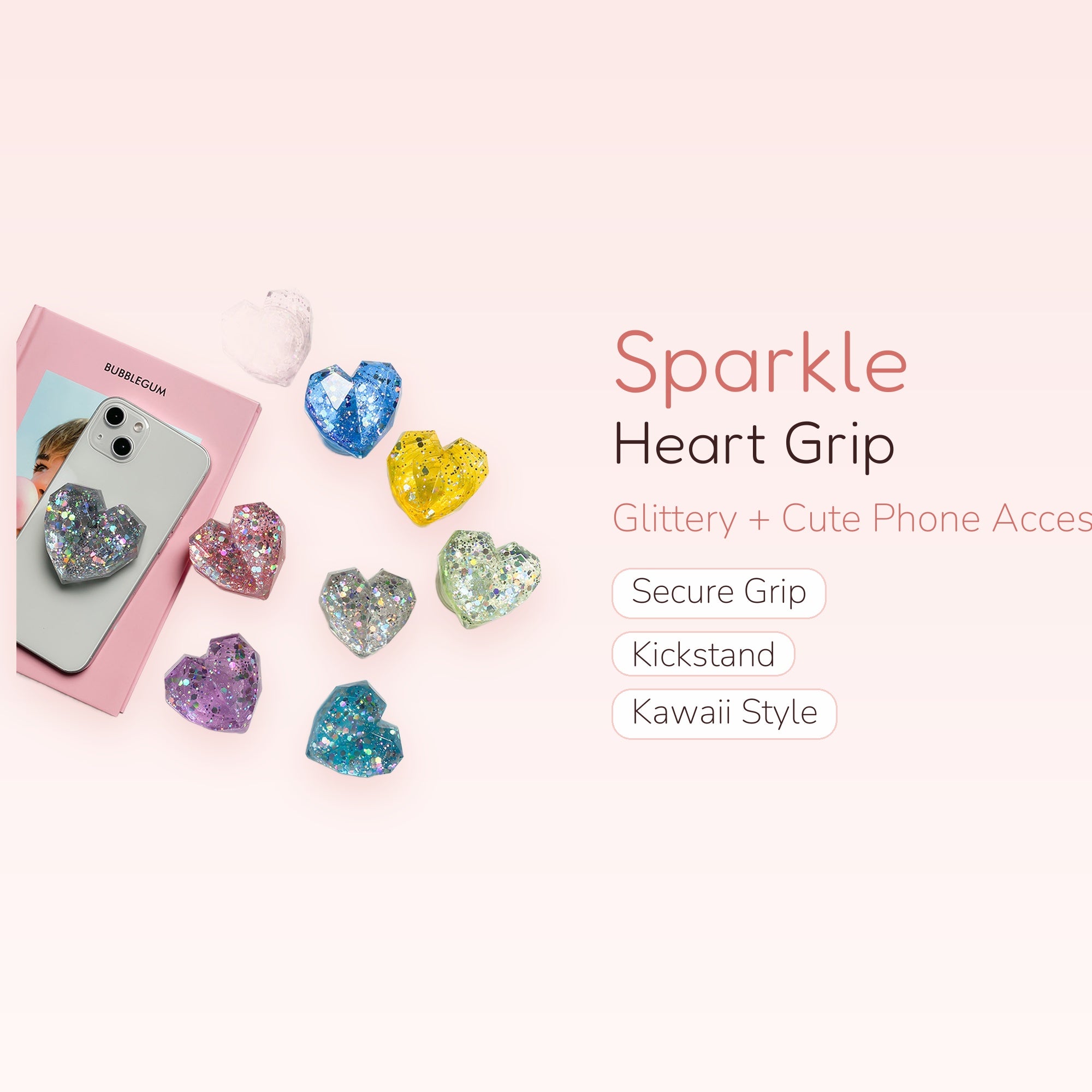 Sparkle Heart Phone Grip Stand | Glitter Pop Socket Holder