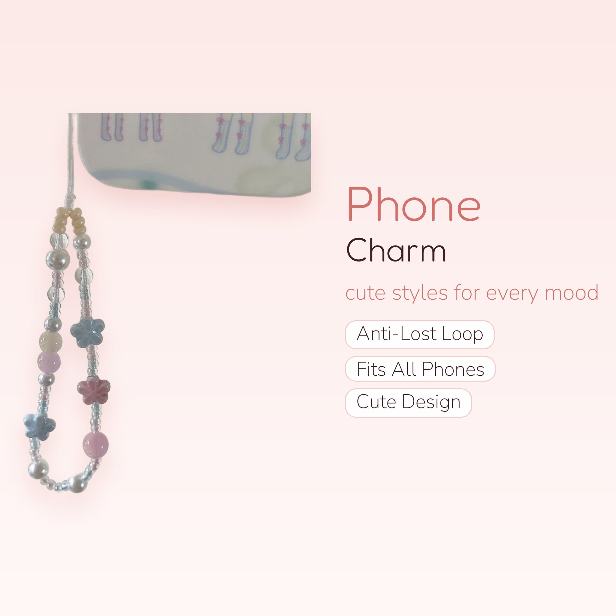 Pastel Beaded Flower Phone Charm | Kawaii Pearl & Clear Bead Wrist Strap