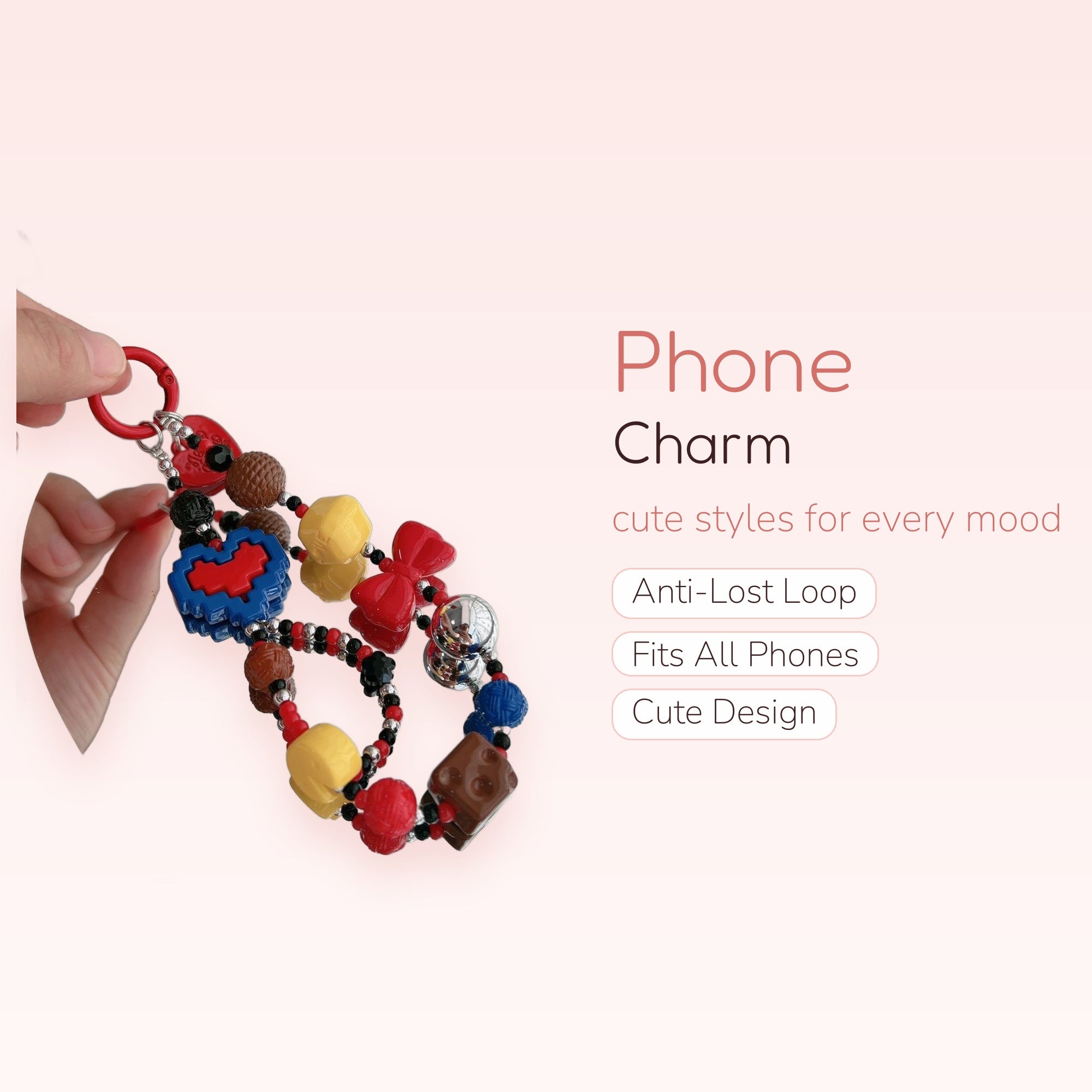 Retro Pixel Heart & Bow Phone Charm | Colorful Beaded Wrist Strap