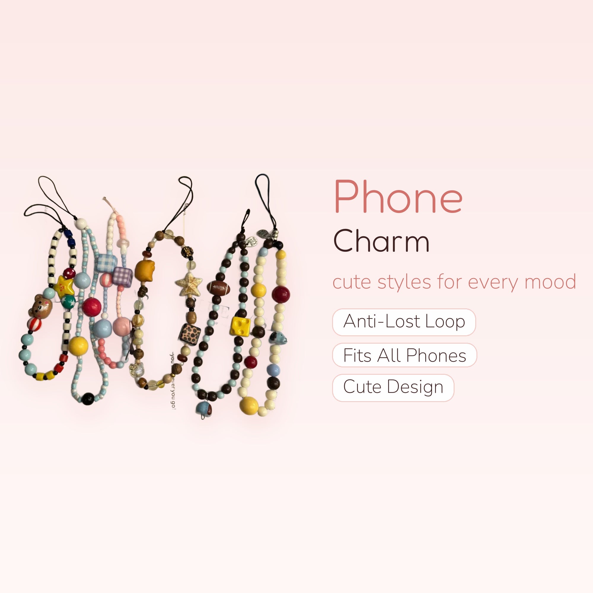 Kawaii Beaded Phone Charm Straps | Aesthetic Y2K Wrist Lanyards with Charms