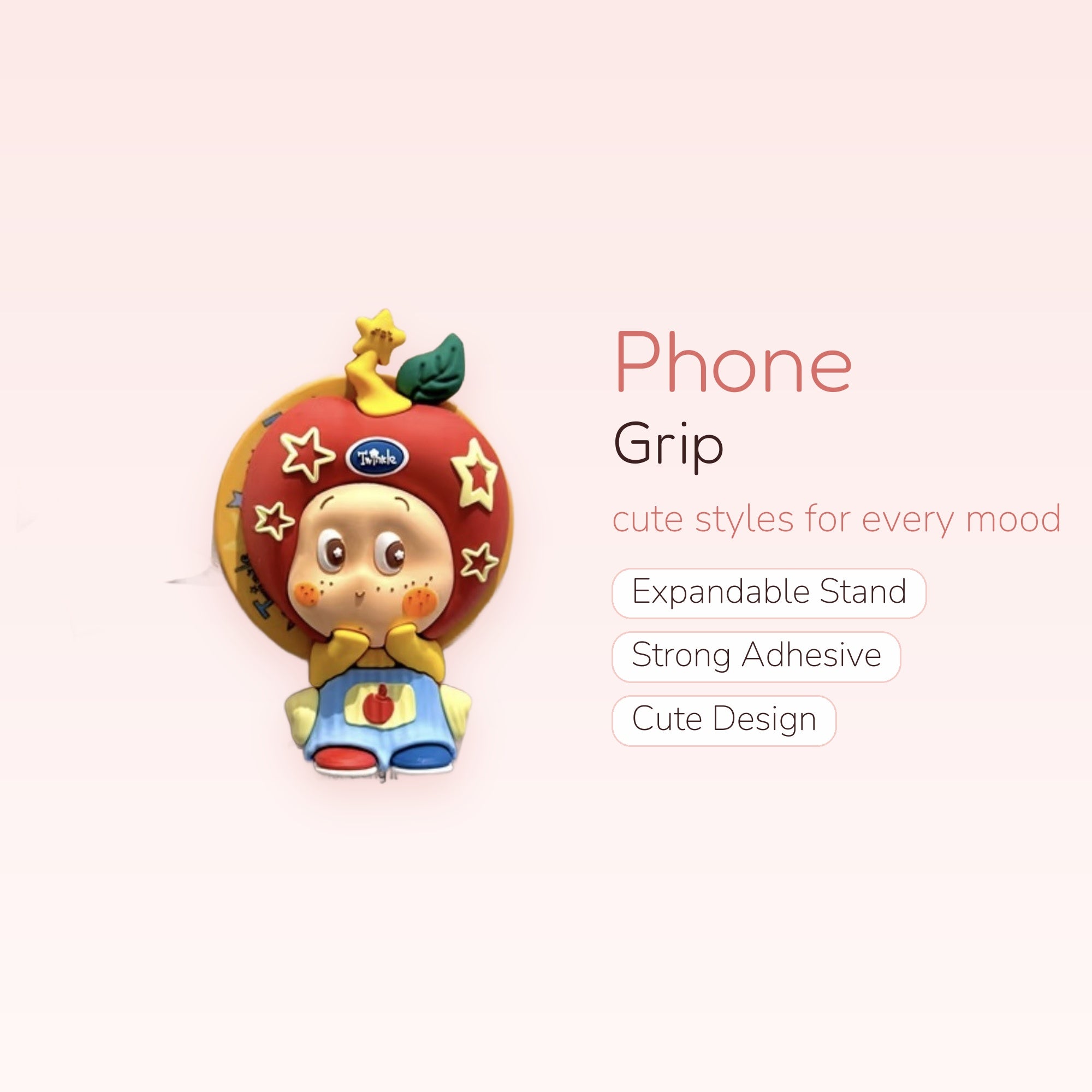Cute Apple Character Phone Grip | Kawaii Red Fruit Pop Socket Stand