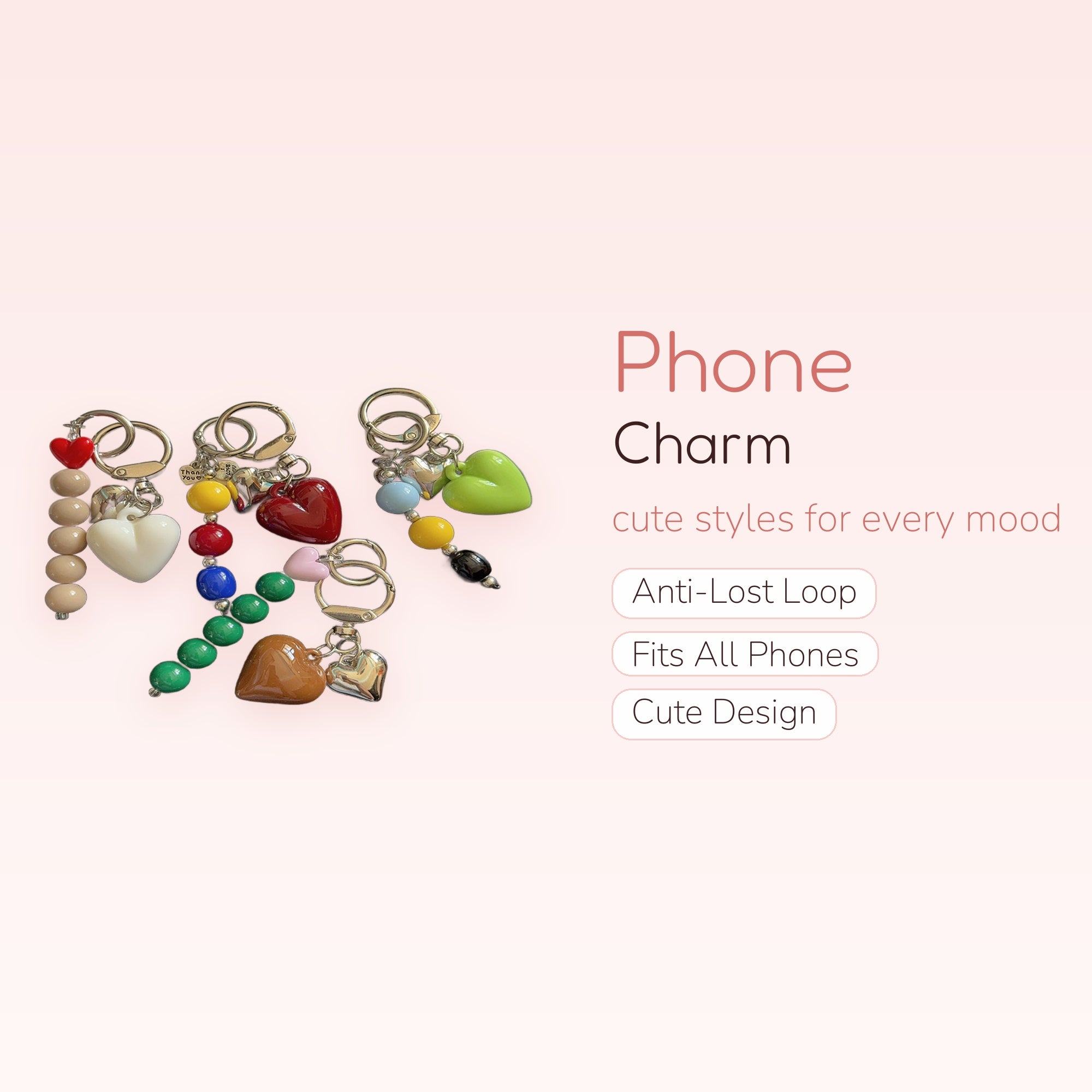 Chunky Heart & Beaded Phone Charm | Kawaii Y2K Aesthetic Keychain Strap