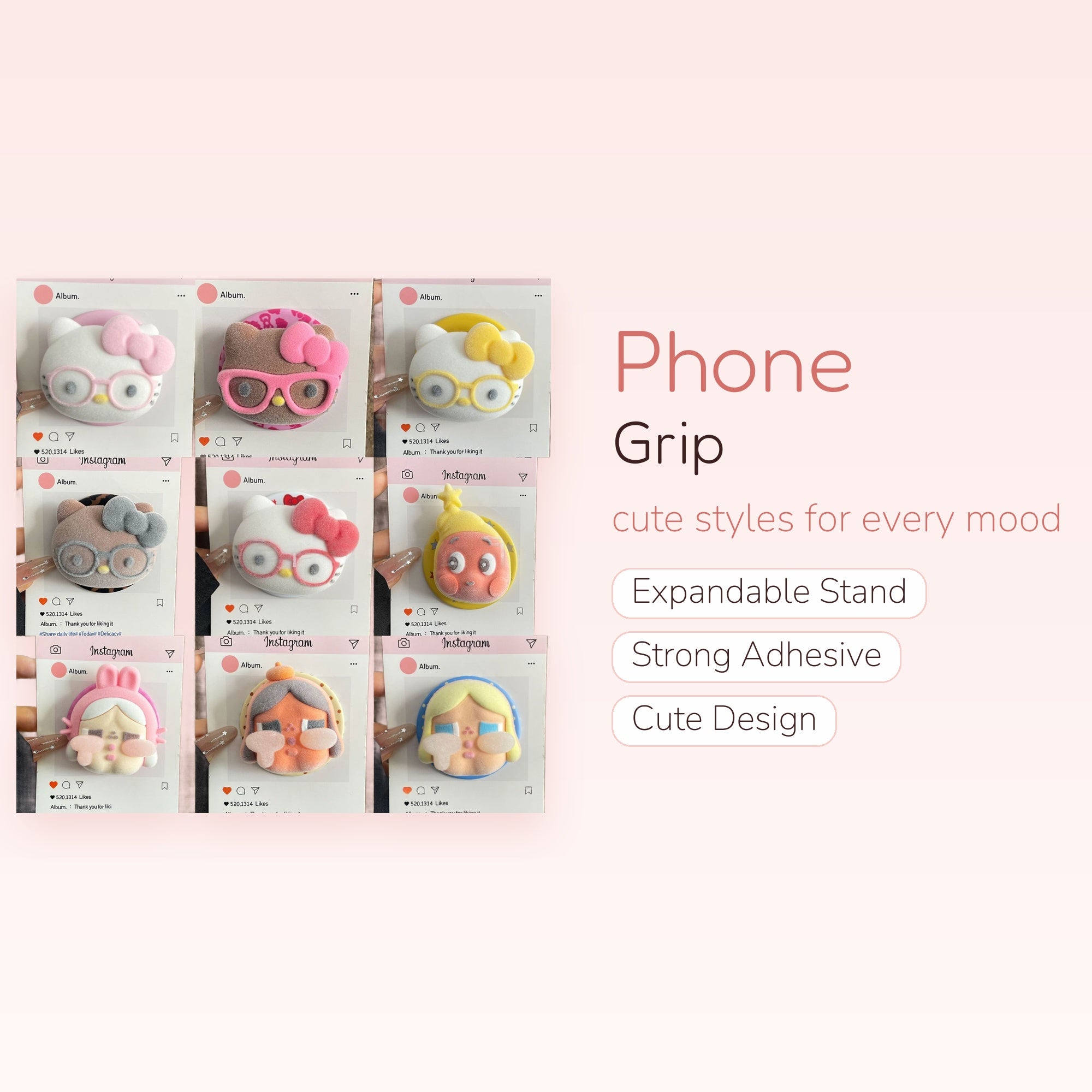 Flocked Hello Kitty & Friends Phone Grip | Cute Kawaii Pop Socket Stand