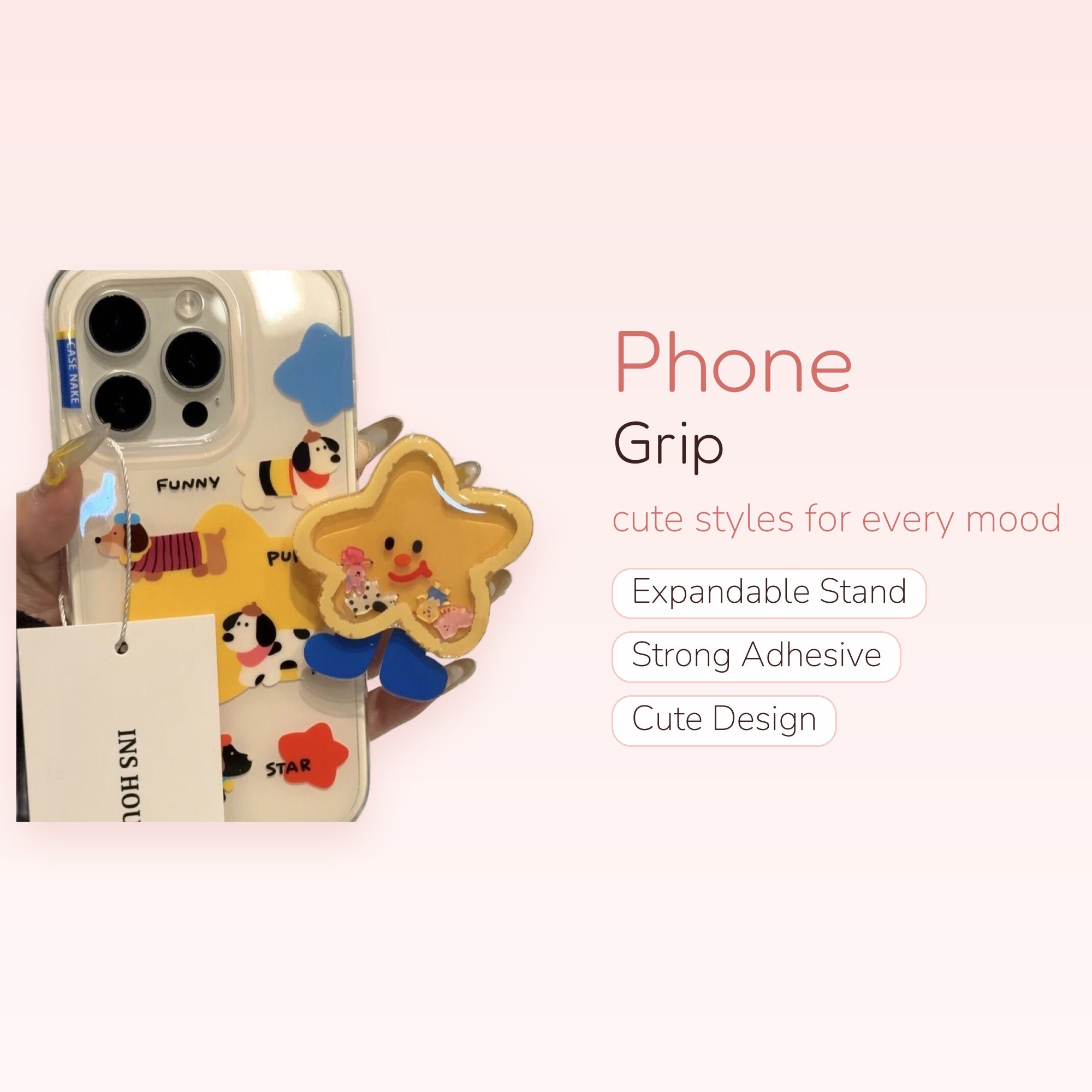 Kawaii Yellow Star Shaker Phone Grip | Cute Cartoon Dog Pop Socket Stand