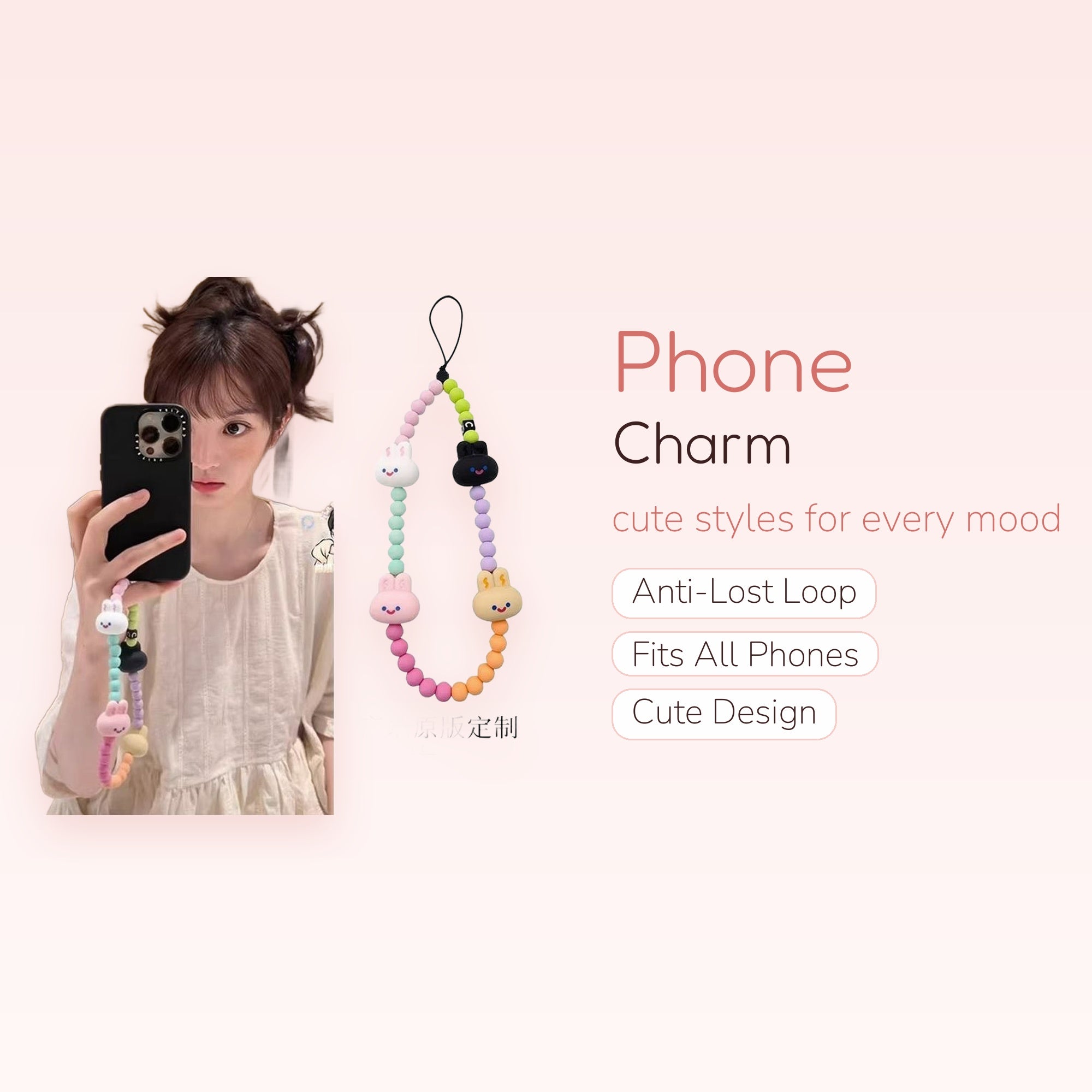 Kawaii Bunny & Bear Phone Charm Strap | Pastel Beaded Wrist Lanyard