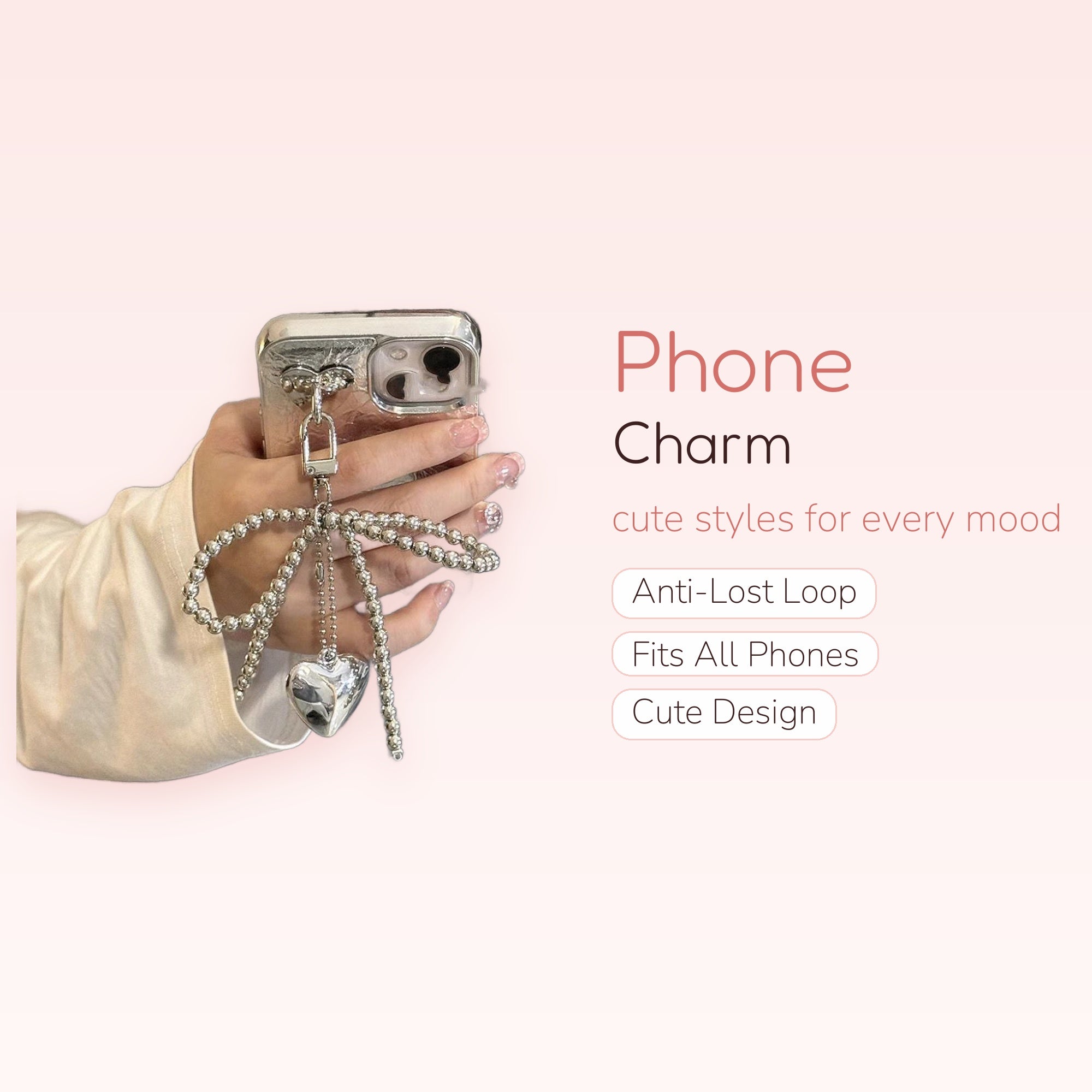 Silver Beaded Bow & Heart Phone Charm | Aesthetic Y2K Wrist Strap
