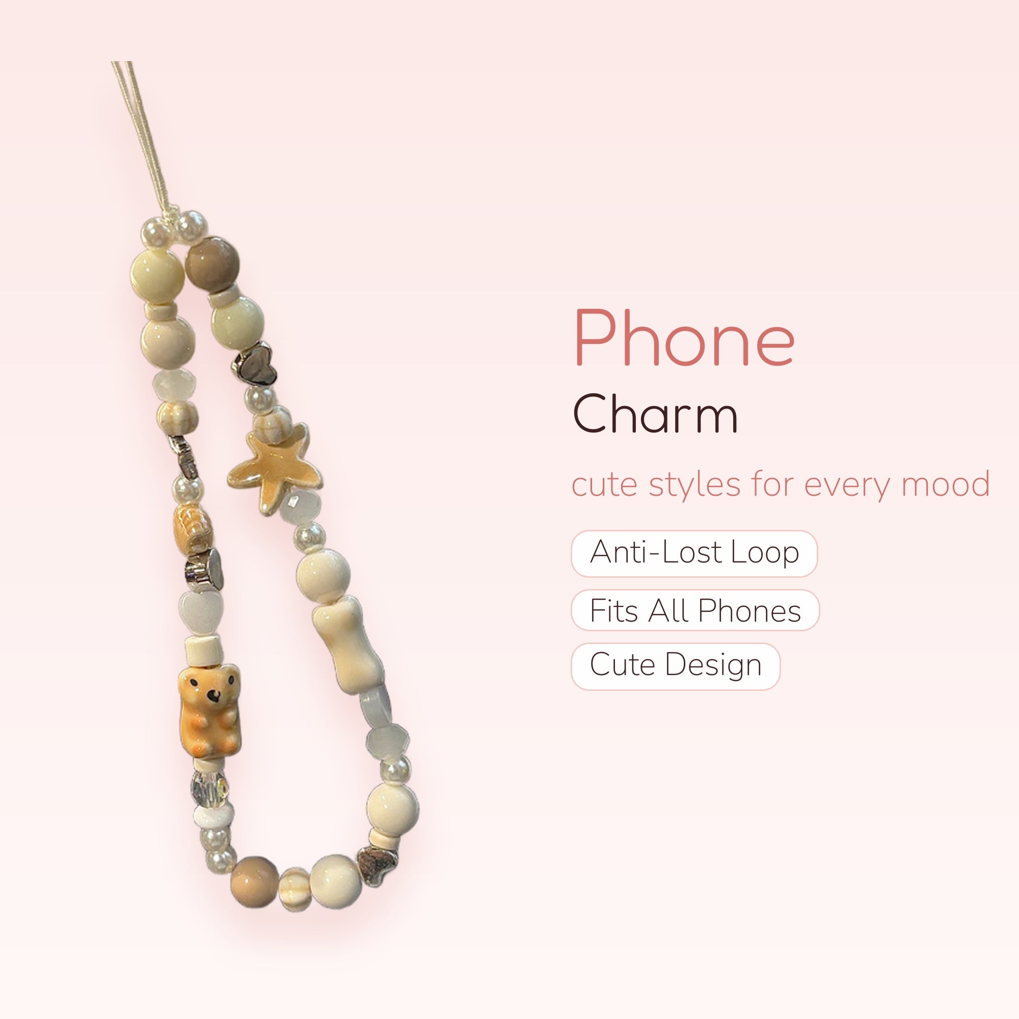 Kawaii Pastel Beaded Phone Charm Strap | Cute Bear & Starfish Wrist Lanyard