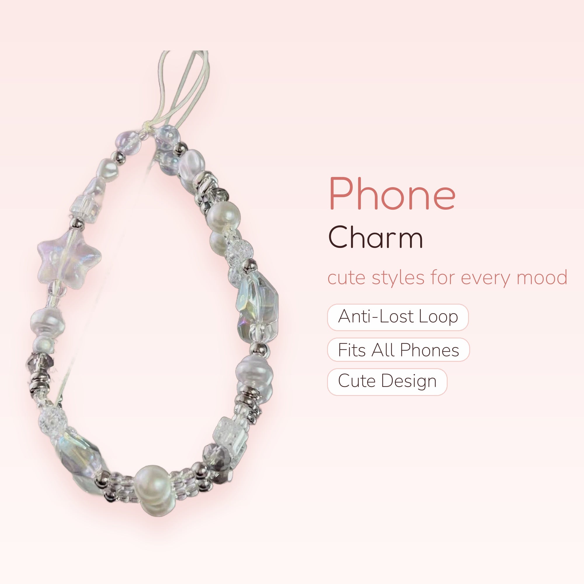 Iridescent Pearl & Crystal Phone Charm Strap | Aesthetic Beaded Wrist Lanyard