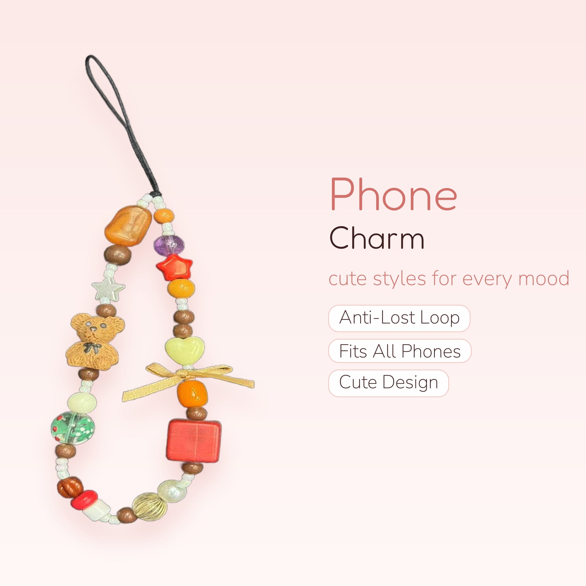 Aesthetic Bear & Star Beaded Phone Charm | Y2K Mixed Bead Wrist Strap