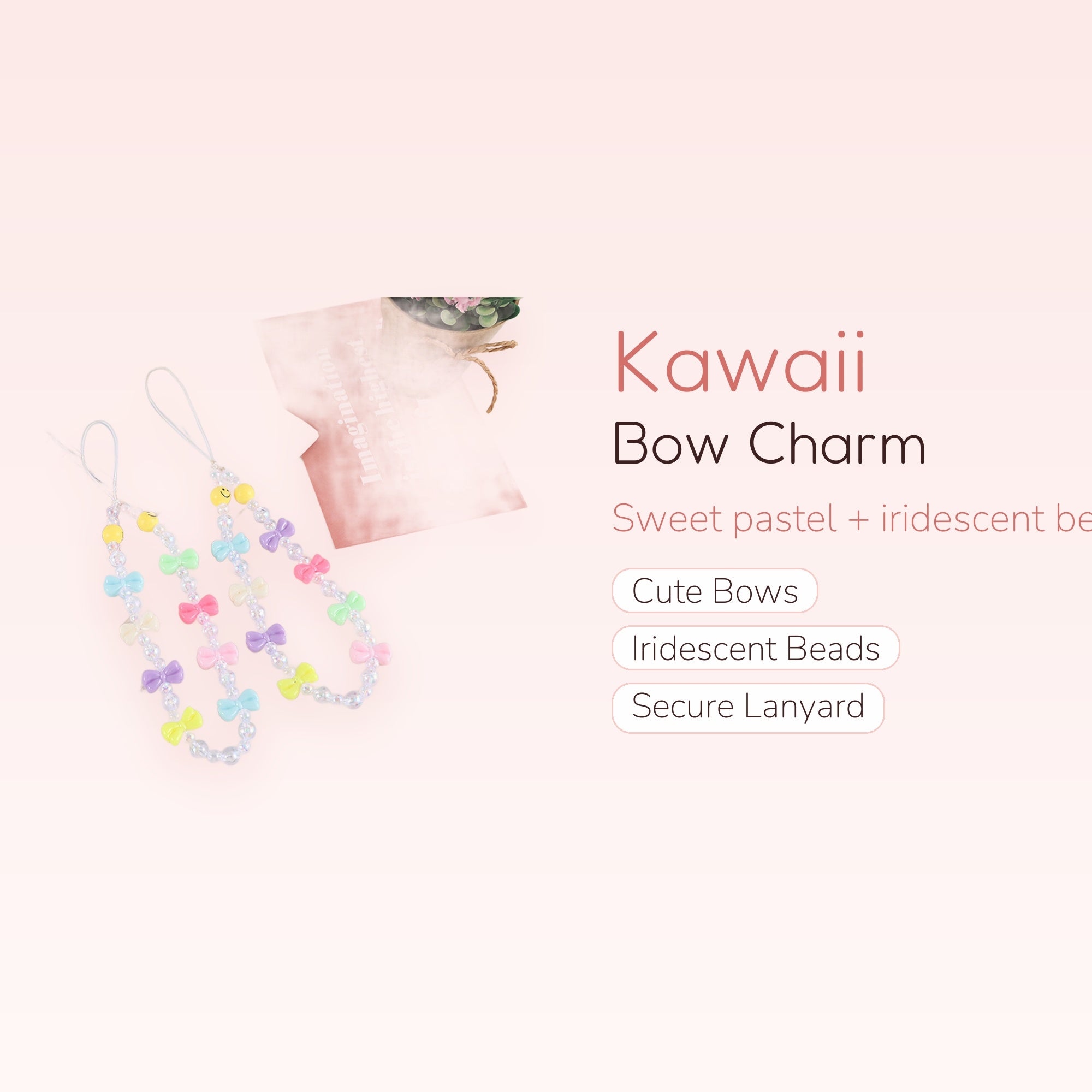 Kawaii Pastel Bow Phone Charm Strap | Beaded Wrist Lanyard