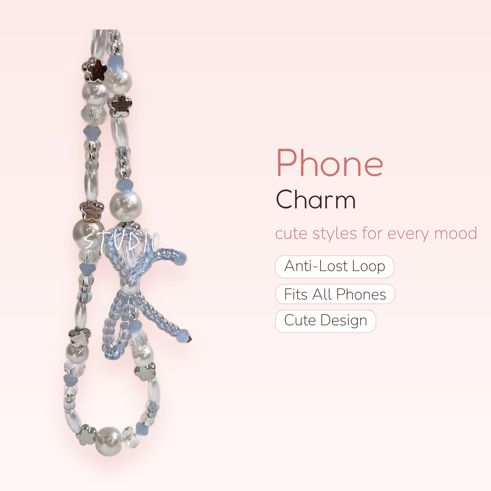Aesthetic Pearl & Star Phone Charm Strap | Pastel Blue Beaded Wrist Lanyard