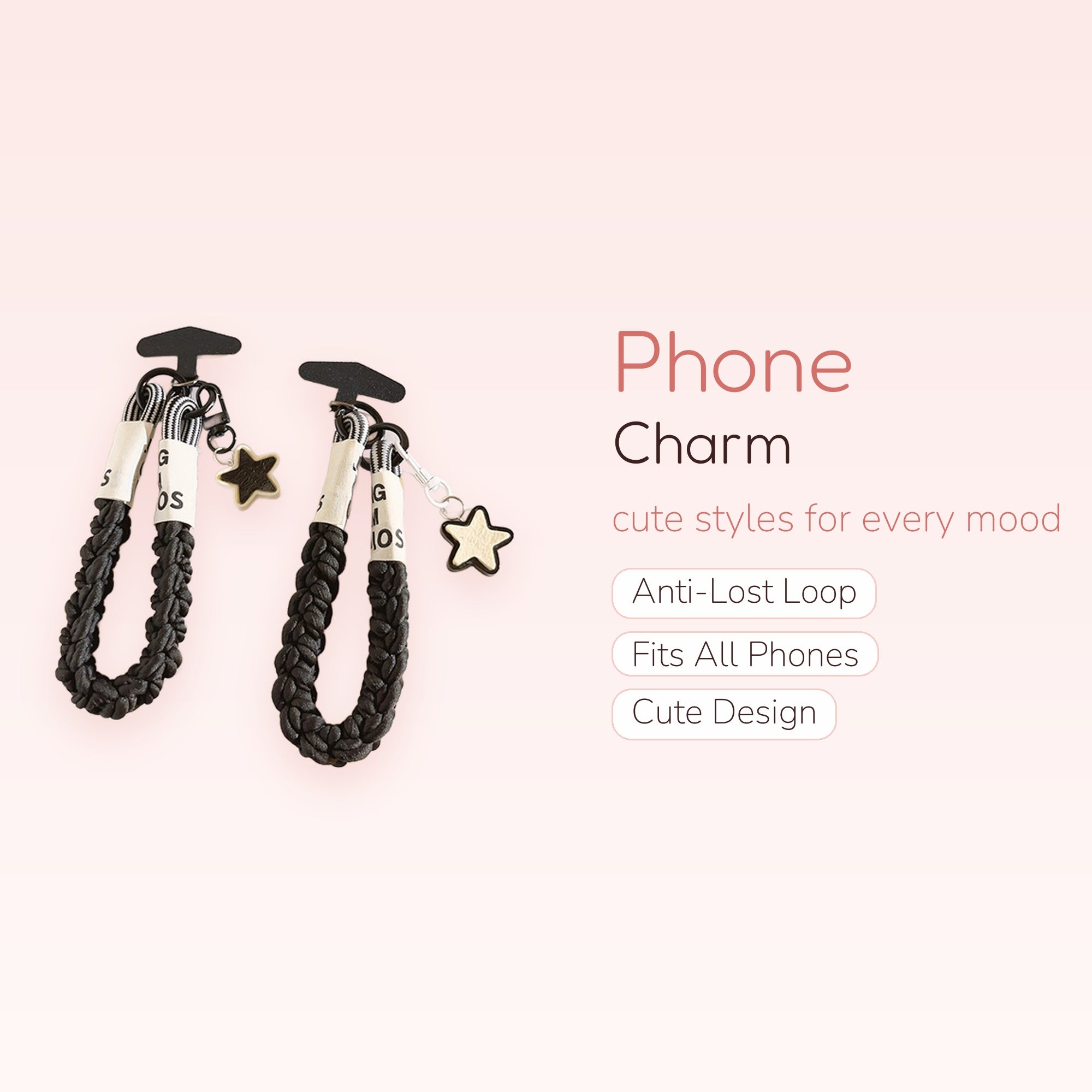 Black Braided Wrist Phone Charm | Star Pendant Phone Lanyard