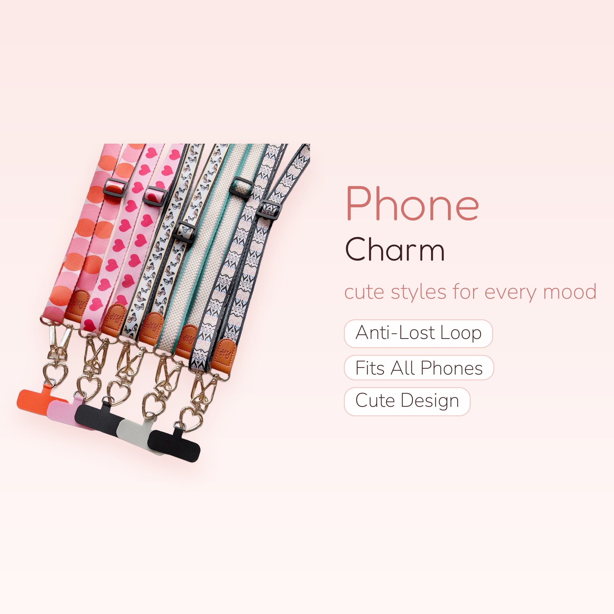 Cute Patterned Phone Charm Lanyard | Adjustable Strap with Heart Clasp