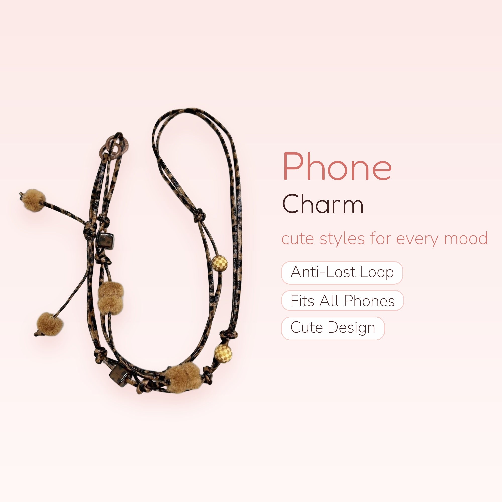 Leopard Print Lanyard Phone Charm | Fuzzy Pom Pom & Checkered Bead Strap