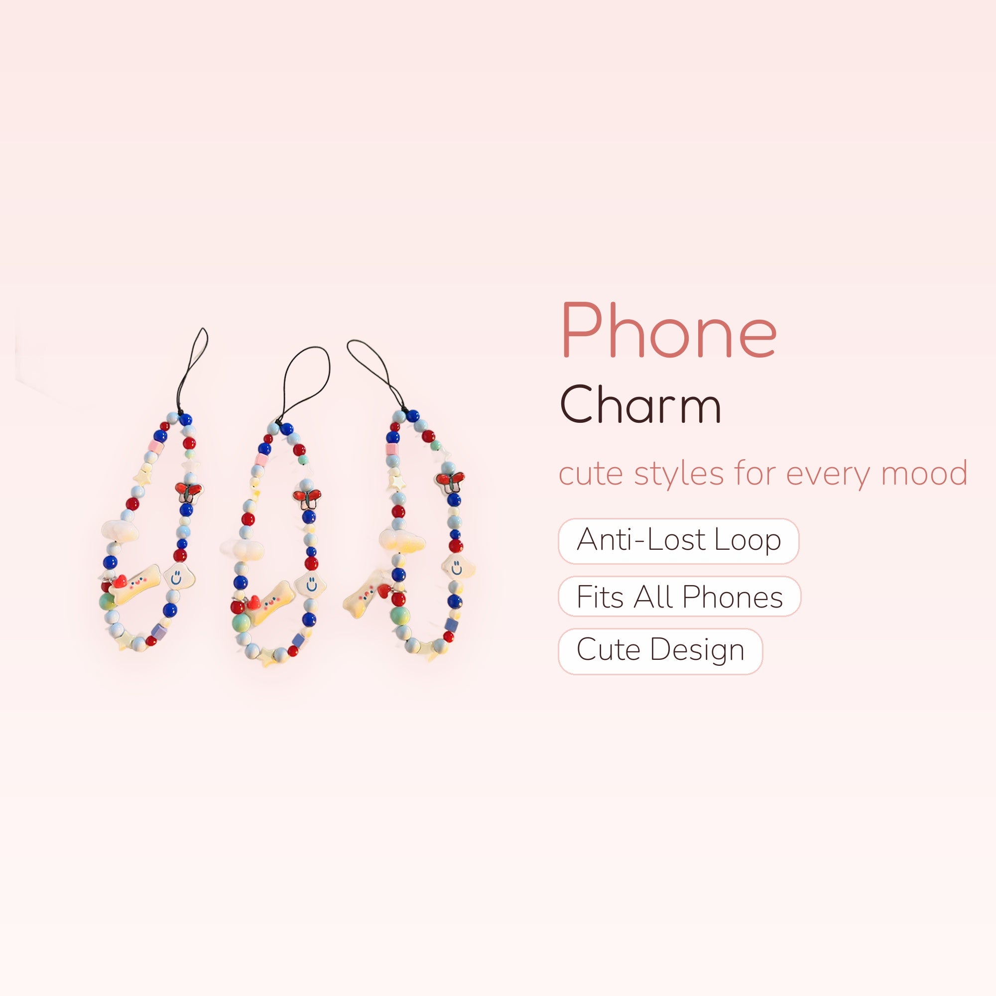 Kawaii Beaded Phone Charm Strap | Colorful Butterfly & Cloud Wrist Lanyard