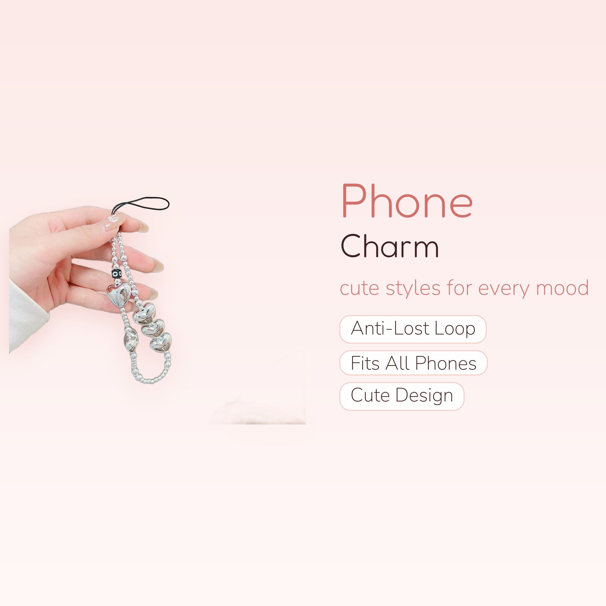 Aesthetic Silver Beaded Heart Phone Charm | Y2K Metallic Wrist Strap