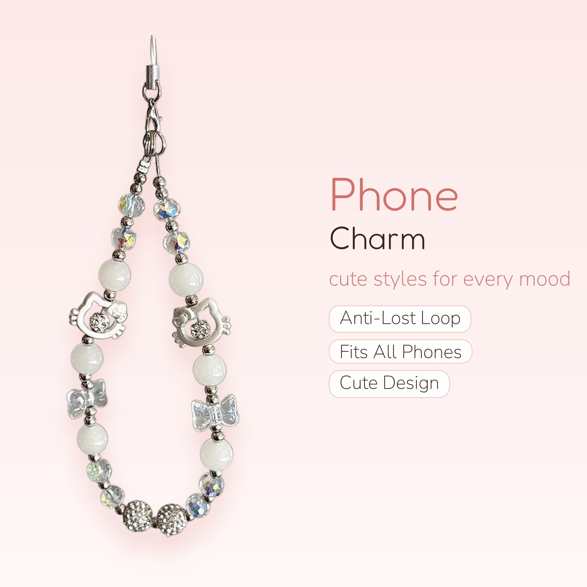 Kawaii Hello Kitty & Bow Phone Charm | White Beaded Wrist Strap