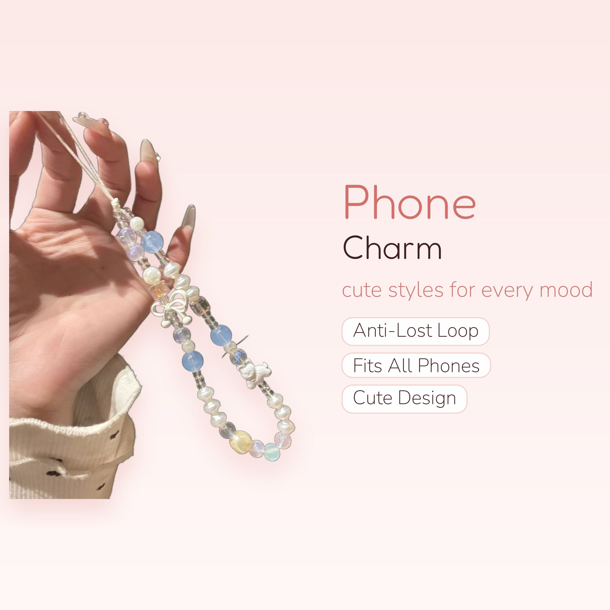 Pastel Pearl & Blue Beaded Phone Charm | Cute Bow & Puppy Wrist Strap