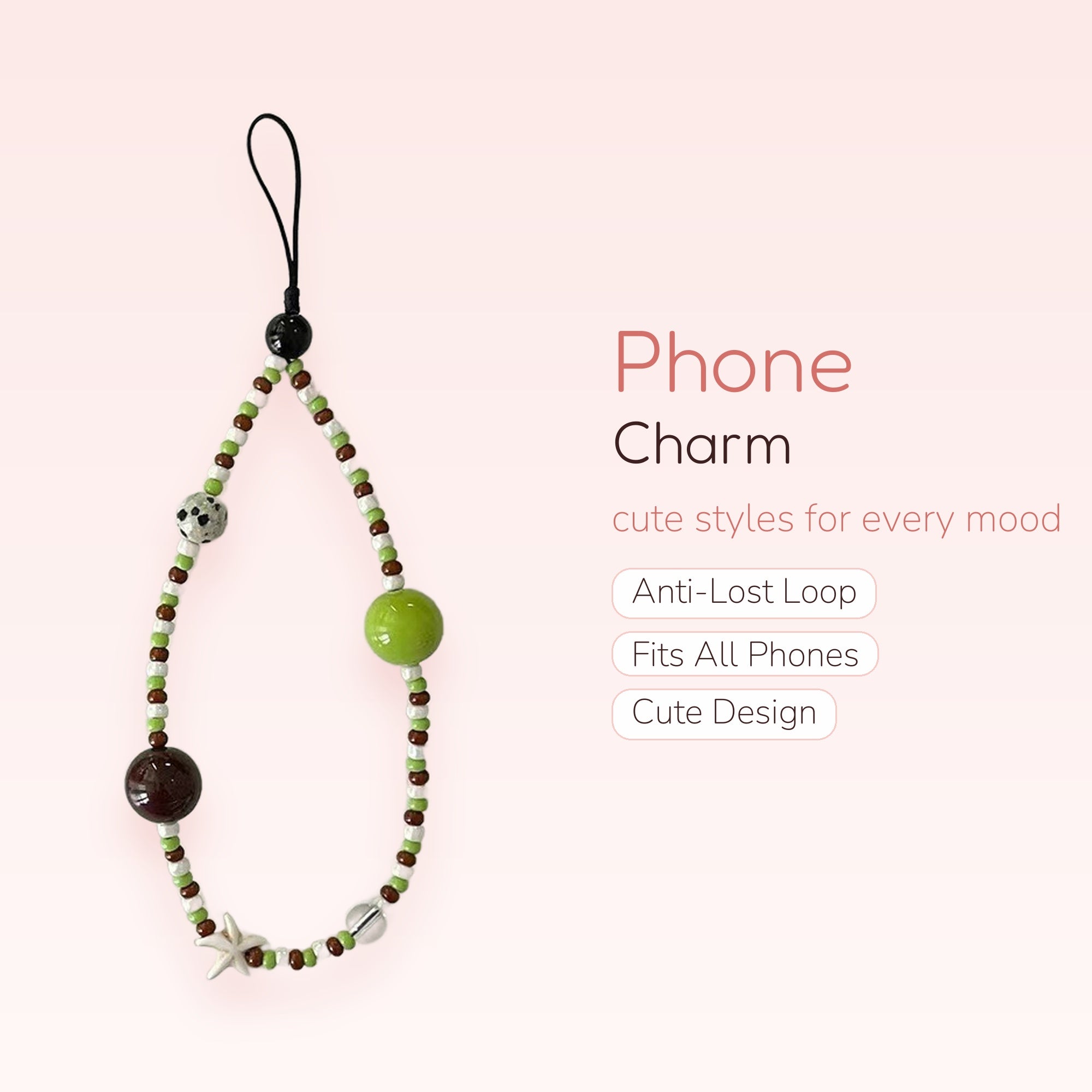 Aesthetic Green & Brown Beaded Phone Charm | Cute Starfish & Dalmation Bead Wristlet