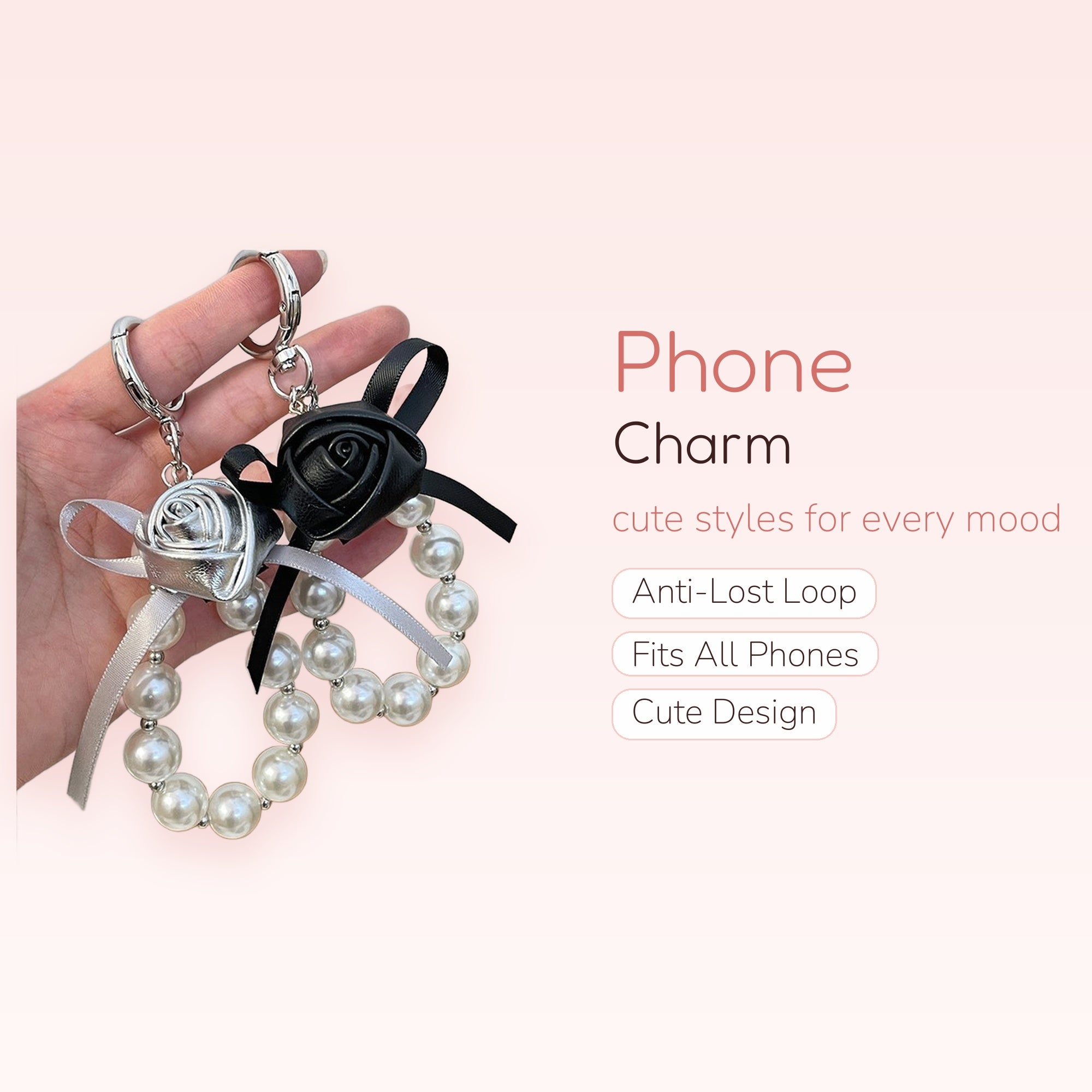 Black & Silver Rose Pearl Phone Charm | Aesthetic Beaded Wrist Strap