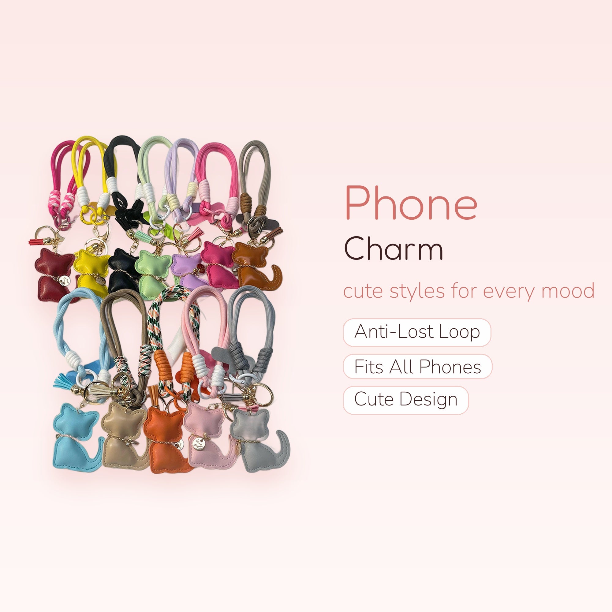 Cute Cat Leather Phone Charm Wristlet | Colorful Braided Lanyard Keychain