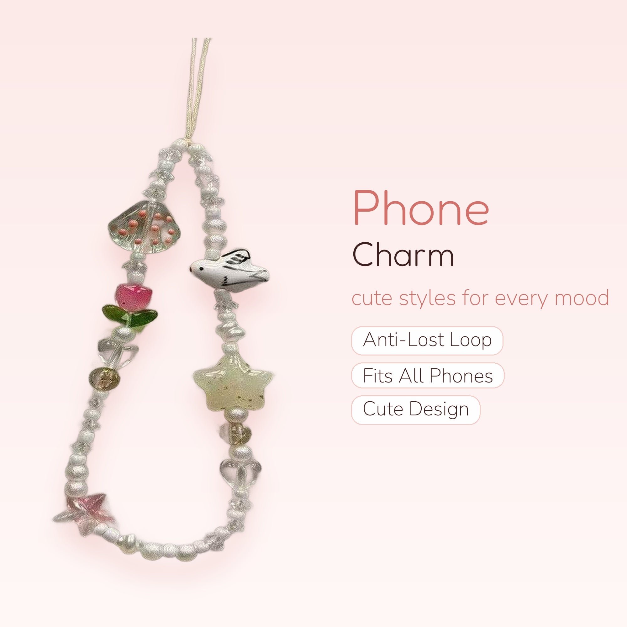 Cute Pearl & Clear Bead Phone Charm | Kawaii Floral & Bird Wrist Strap