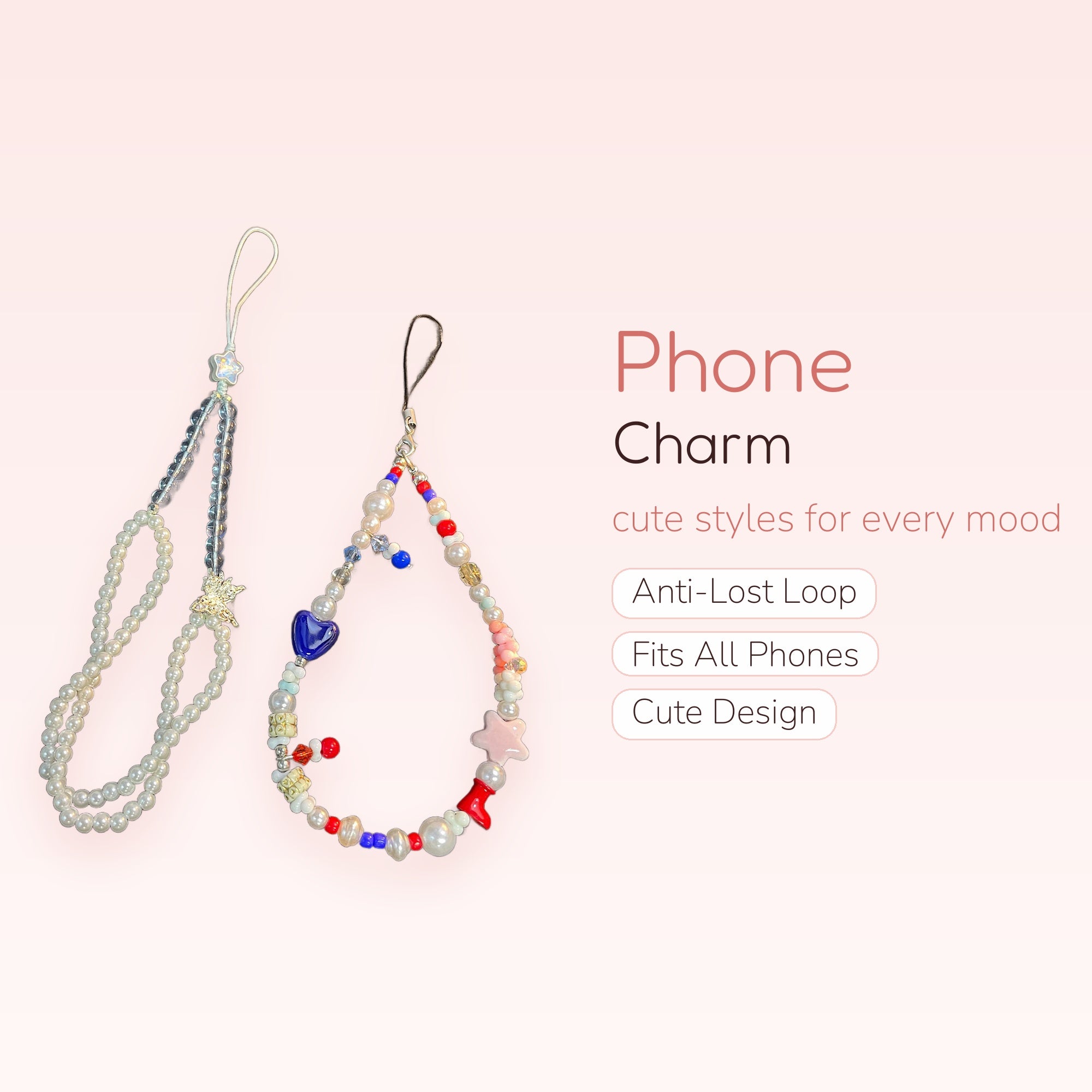 Kawaii Pearl & Clear Beaded Phone Charm Set | Aesthetic Star & Heart Wrist Lanyards
