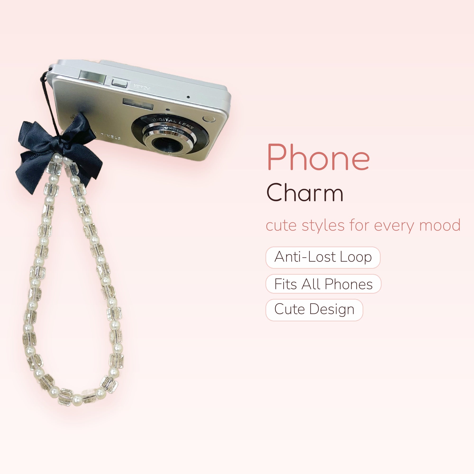 Cute Black Bow & Clear Cube Bead Phone Charm | Aesthetic Pearl Wrist Strap