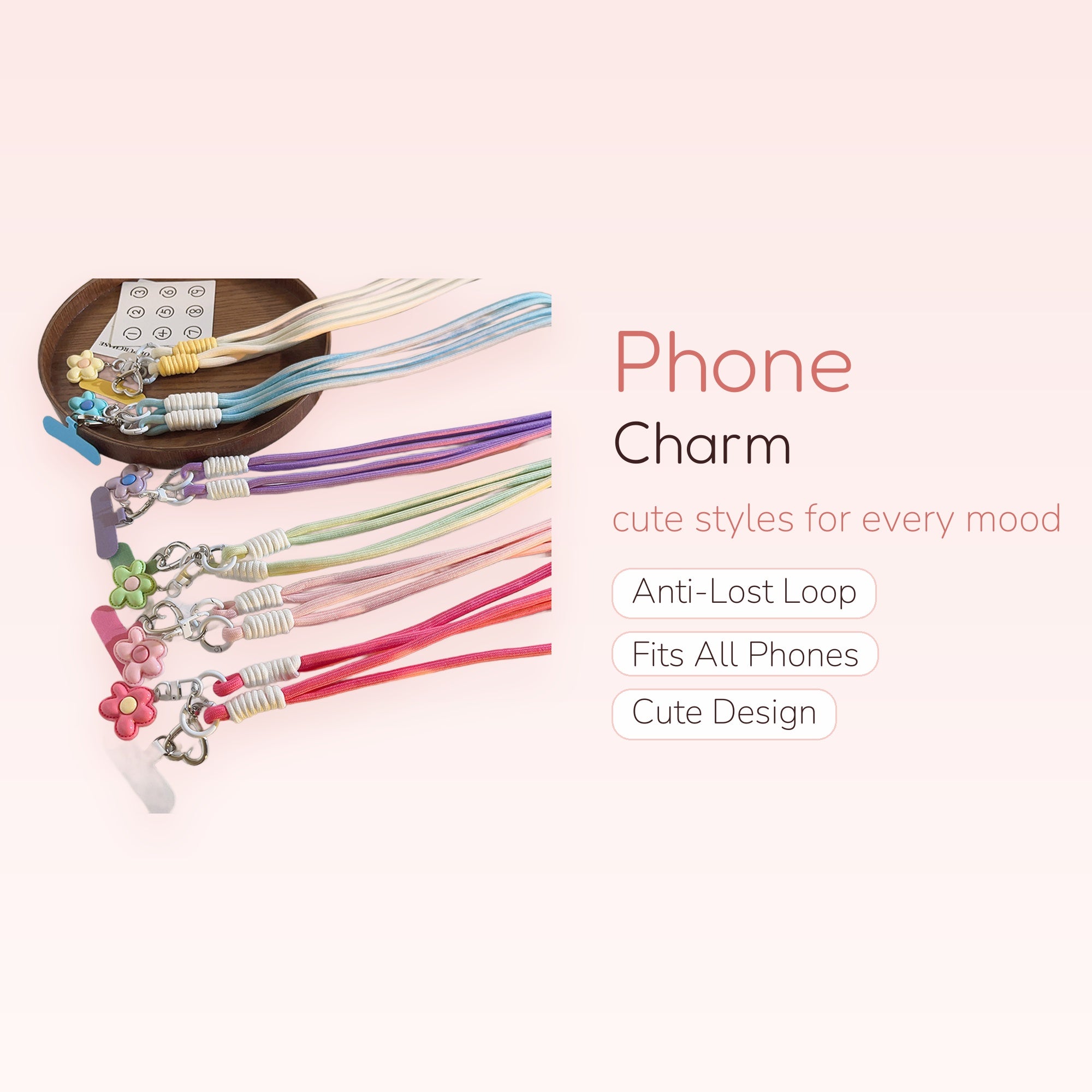 Pastel Ombre Flower Phone Charm Lanyard | Cute Adjustable Crossbody Strap