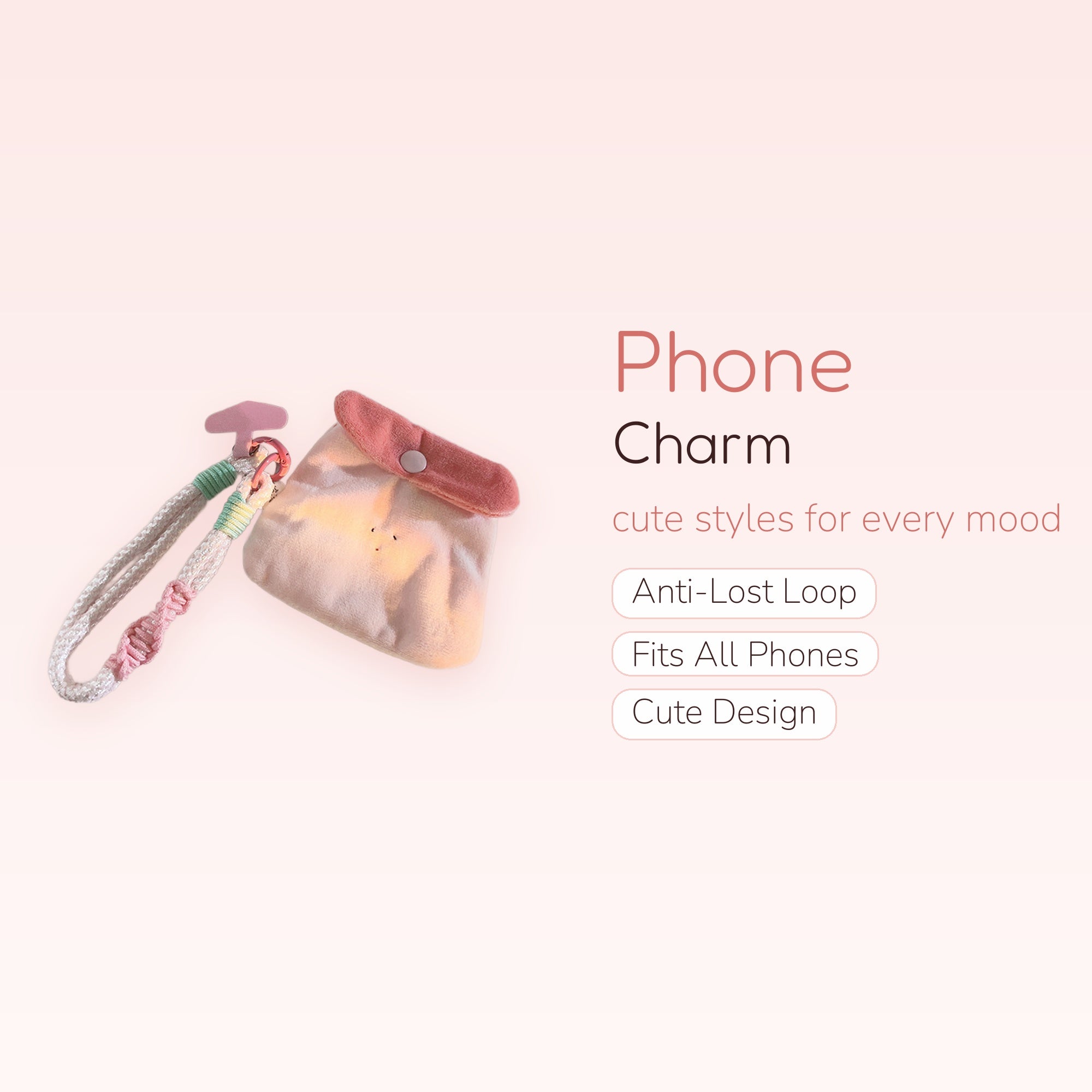 Kawaii Pink & Mint Braided Phone Charm Strap | Cute Plush Pouch Wrist Lanyard