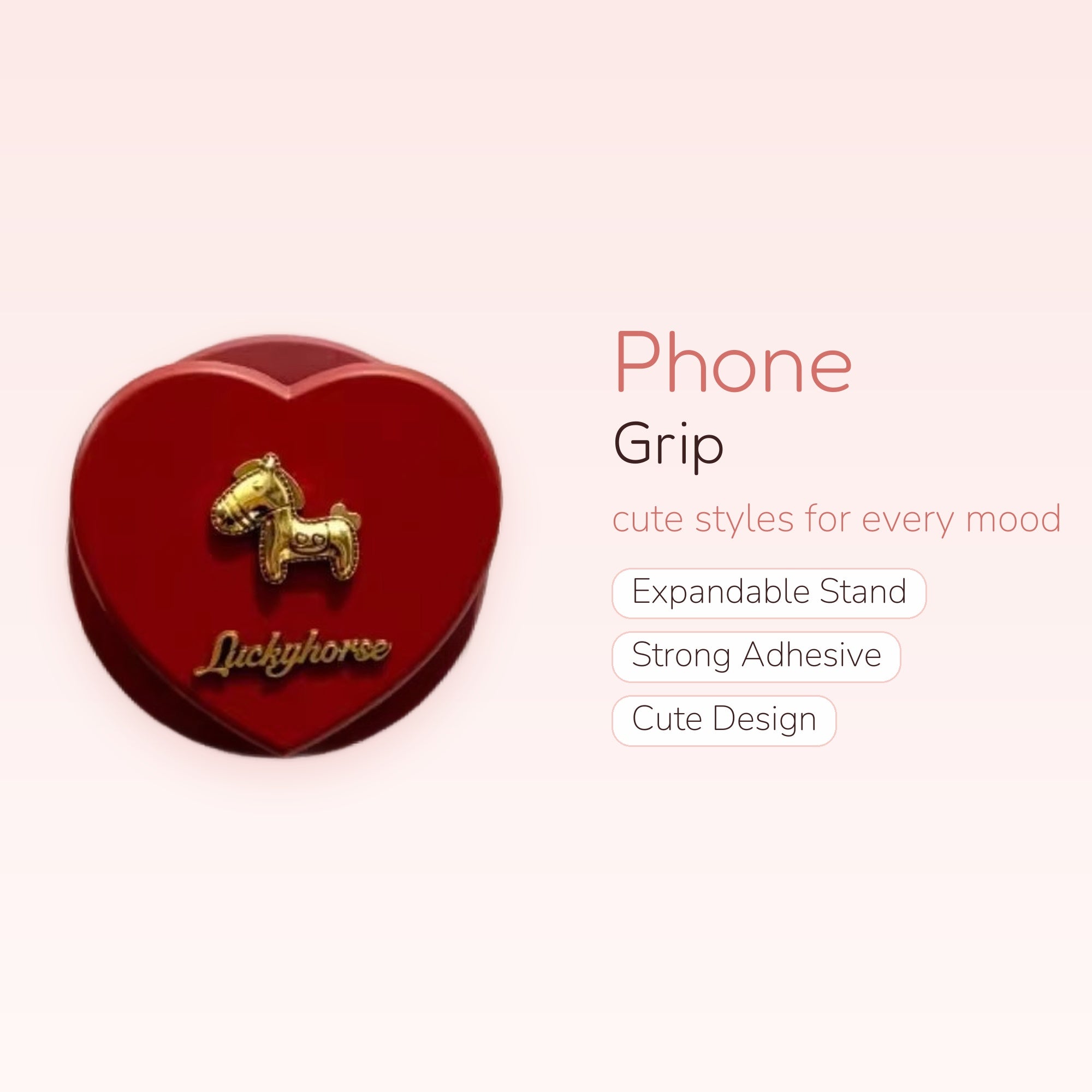 Red Heart Lucky Horse Phone Grip | Gold Charm Pop Socket Stand