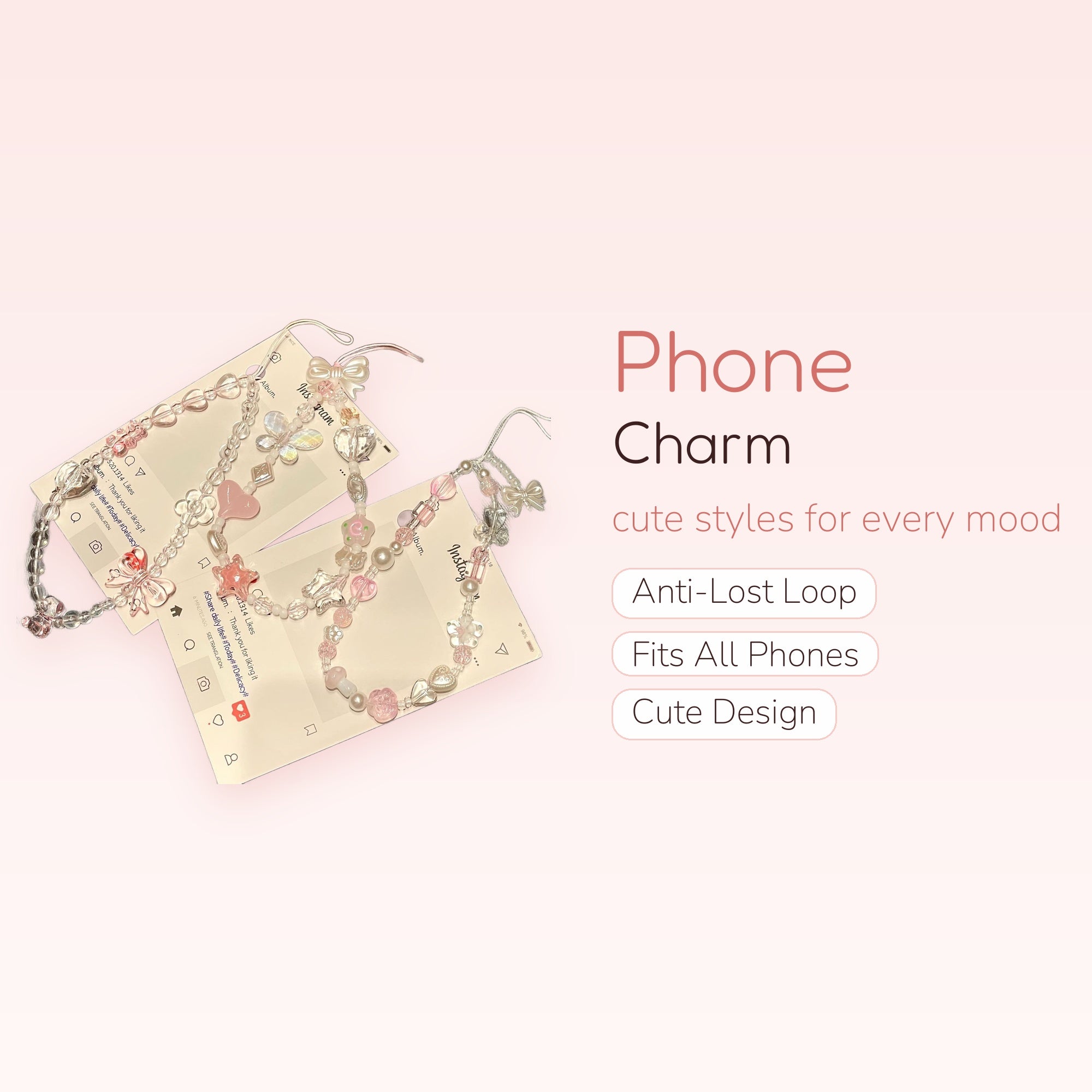 Kawaii Pink & Clear Beaded Phone Charm Strap | Pastel Butterfly & Heart Wrist Lanyard