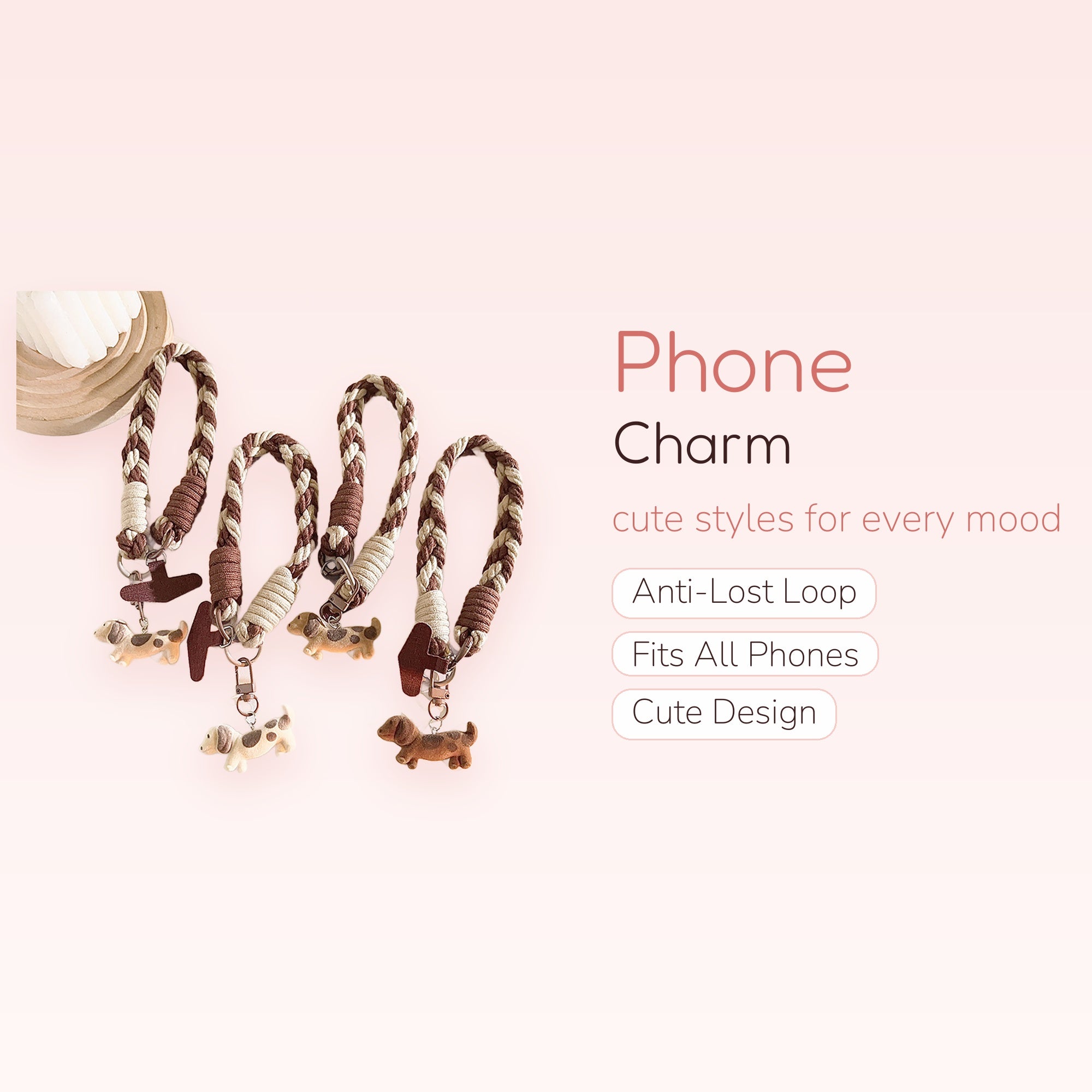 Aesthetic Braided Rope Phone Charm | Cute Dachshund Dog Wrist Lanyard