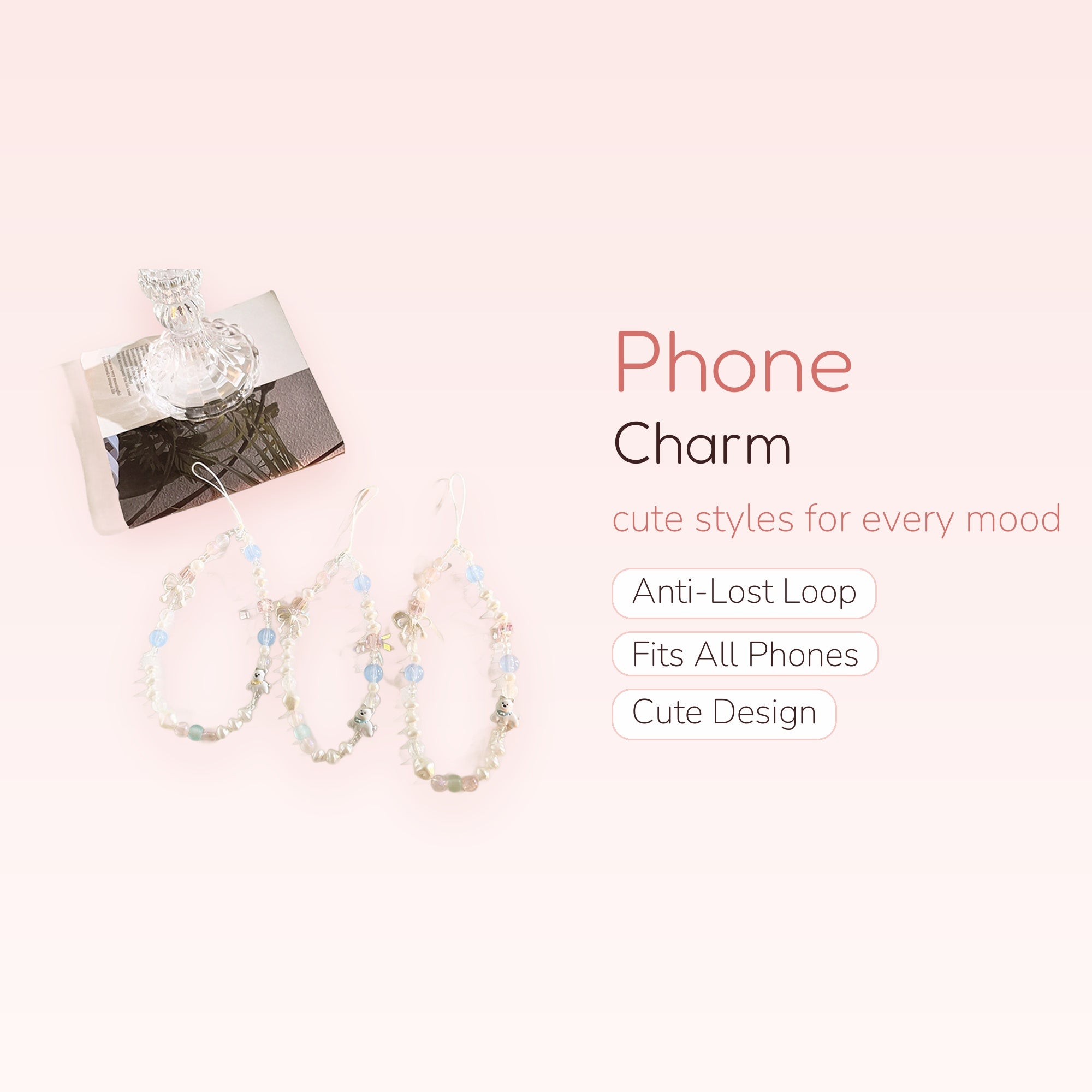 Kawaii Pearl & Pastel Beaded Phone Charm Strap | Cute Bear & Bow Wrist Lanyard