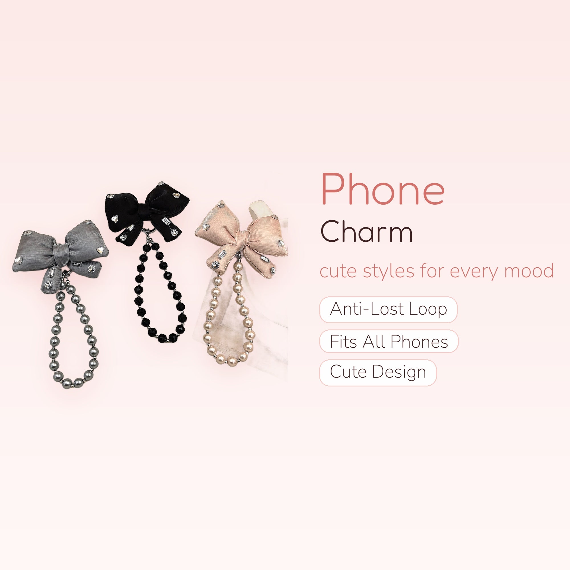 Kawaii Bowknot Pearl Phone Charm | Rhinestone Beaded Wrist Strap