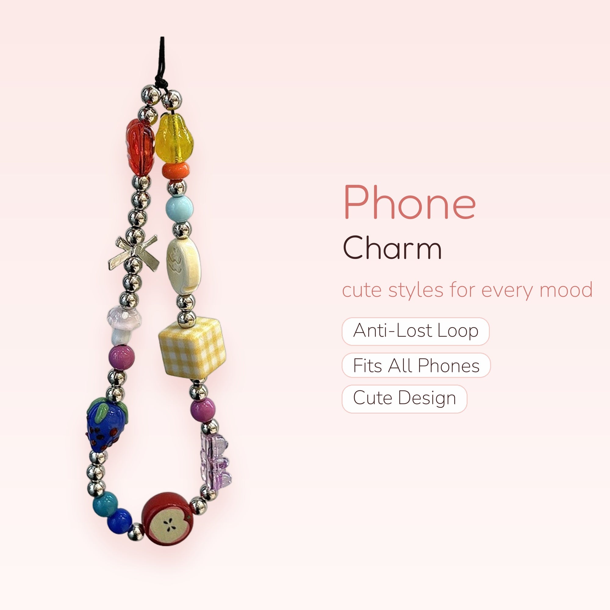 Y2K Rainbow Fruit & Gingham Beaded Phone Charm | Aesthetic Silver Bead Wrist Strap