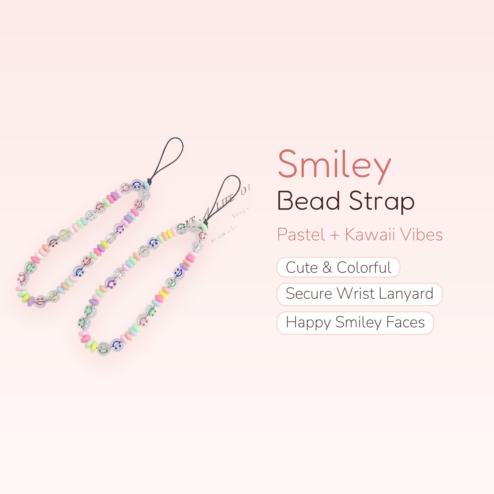 Kawaii Pastel Smiley Face Phone Charm Strap | Beaded Wrist Lanyard