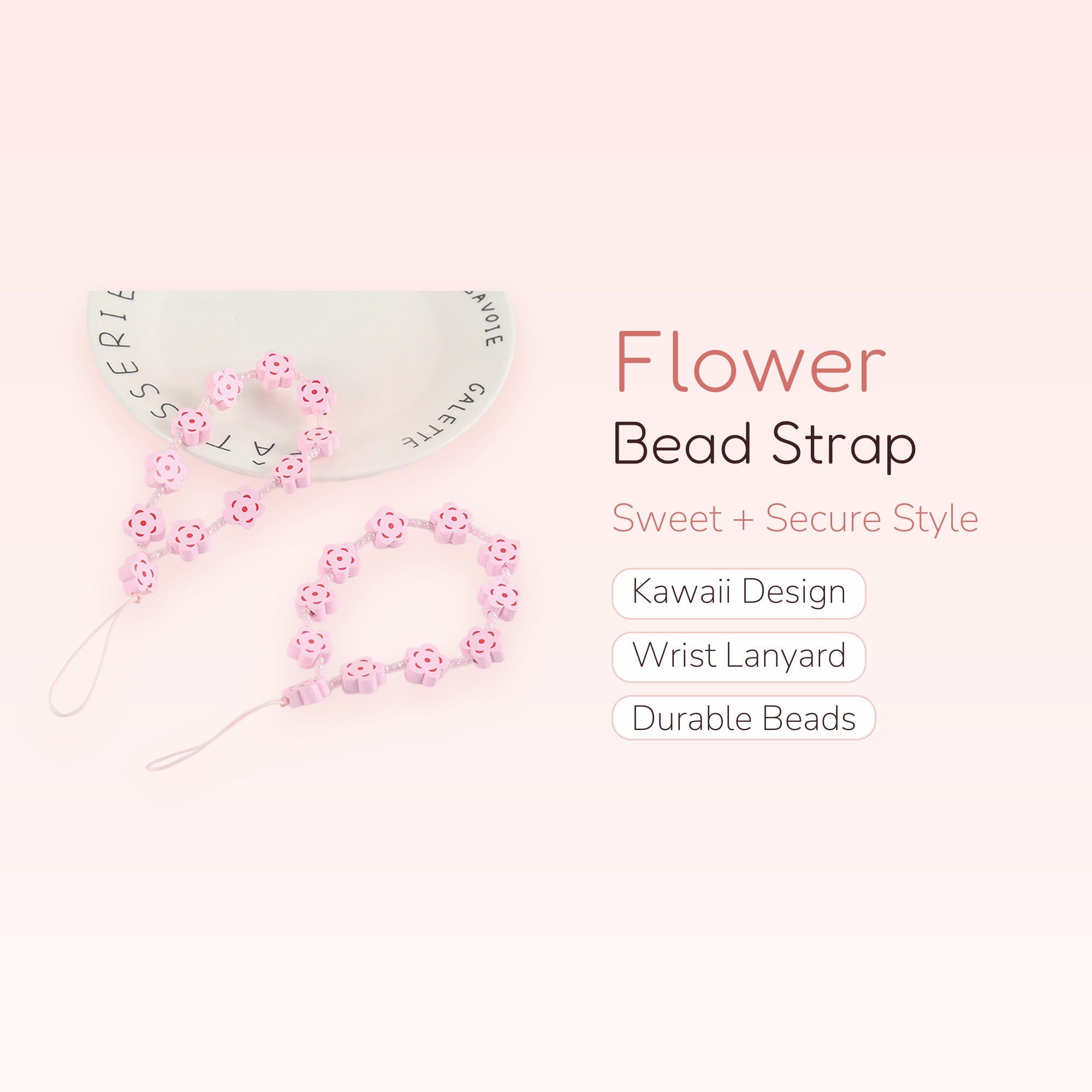 Pink Flower Bead Phone Charm Strap | Kawaii Wrist Lanyard