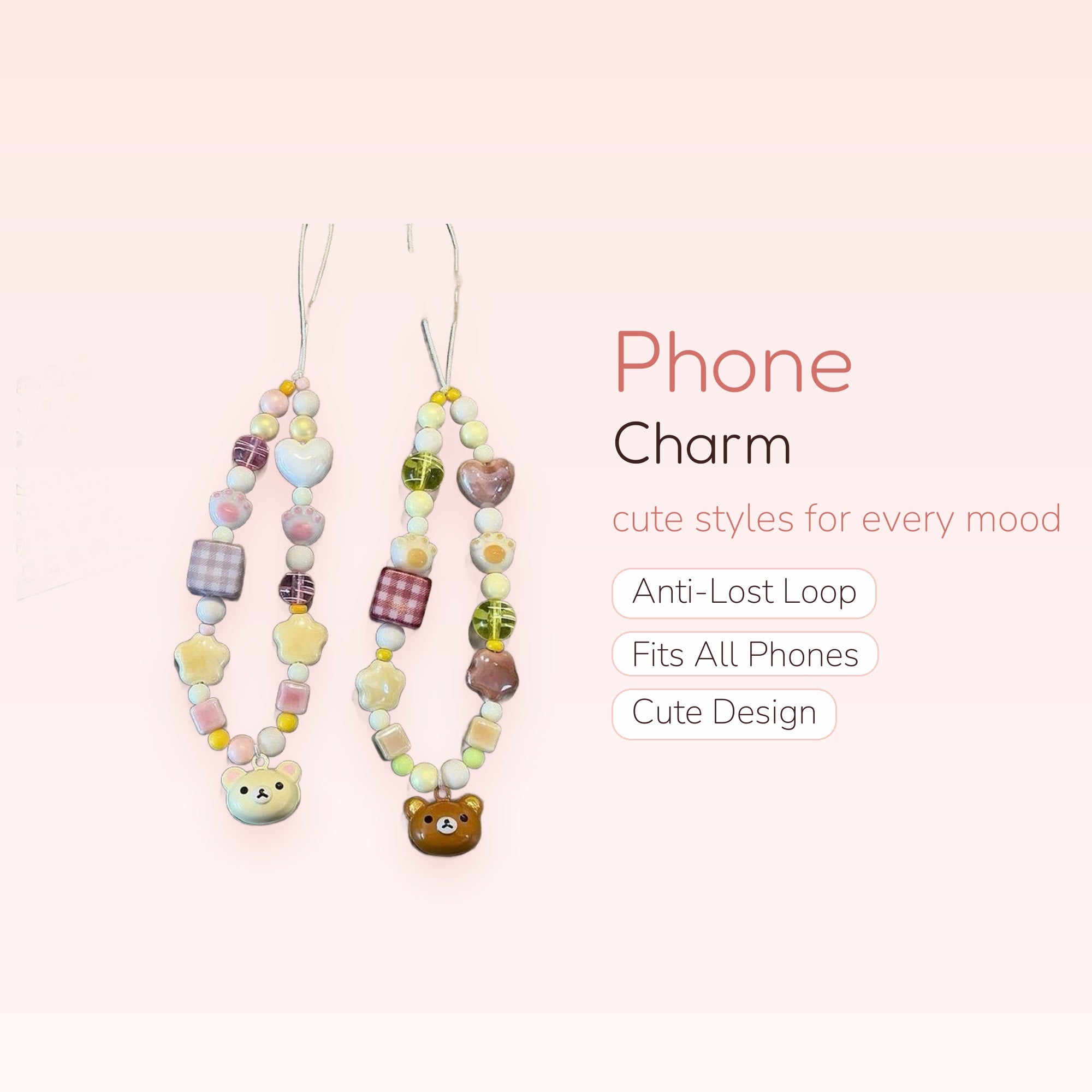 Kawaii Pastel Bear Phone Charm Strap | Cute Beaded Wrist Lanyard with Hearts & Stars