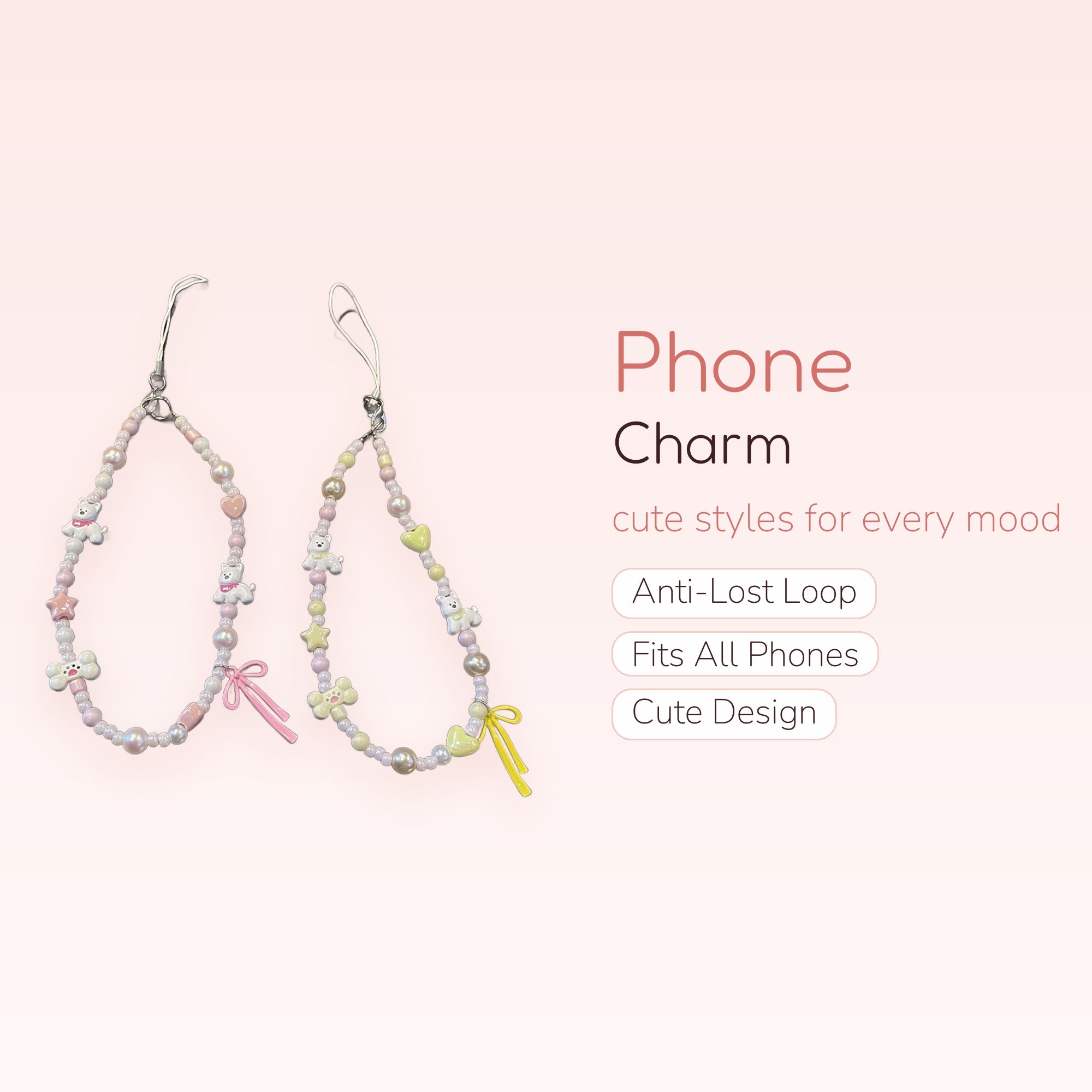 Kawaii Pastel Beaded Phone Charm Strap with Puppy & Bone Charms | Cute Pearl Wrist Lanyard