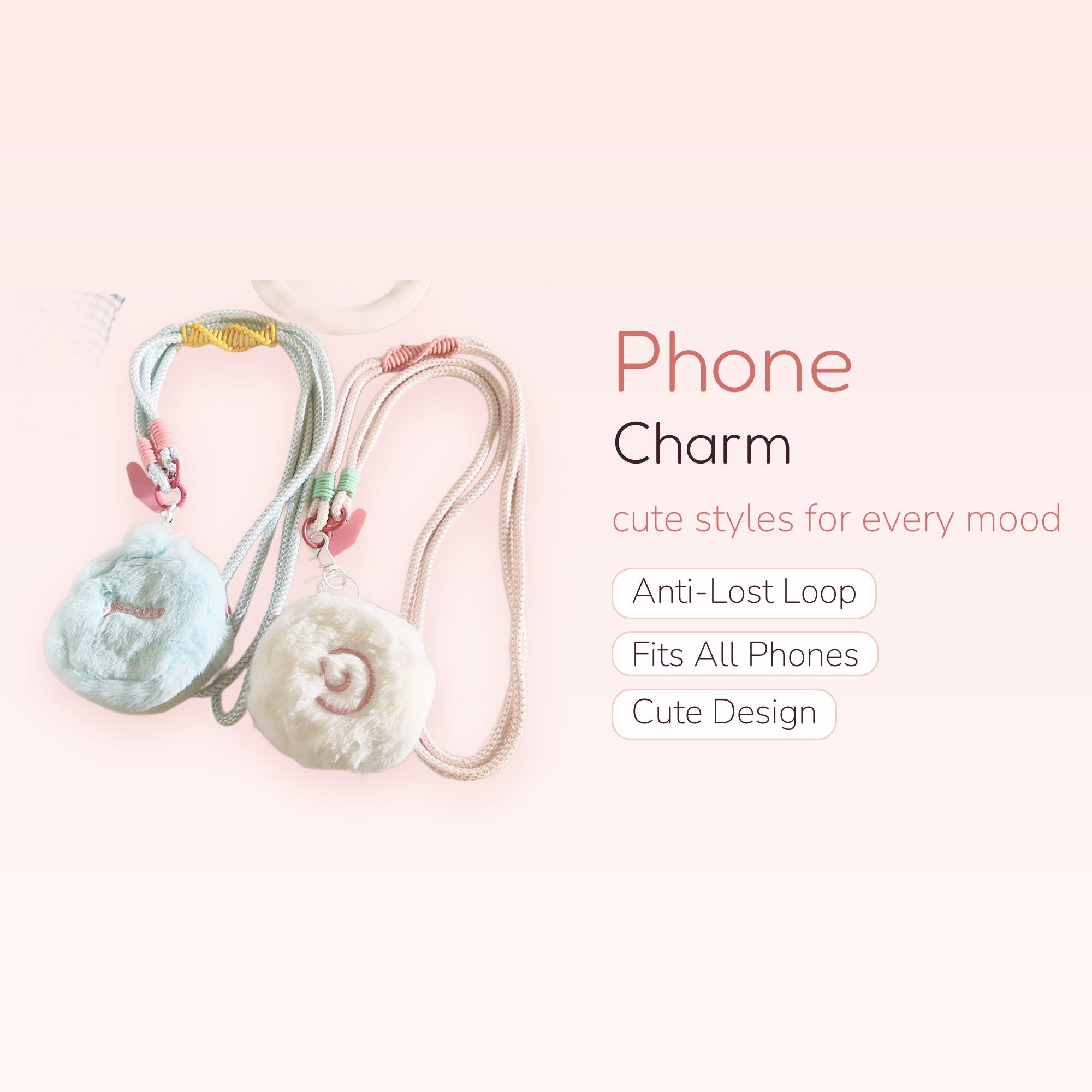 Fluffy Plush Phone Lanyard | Kawaii Pastel Blue & White Charm Strap