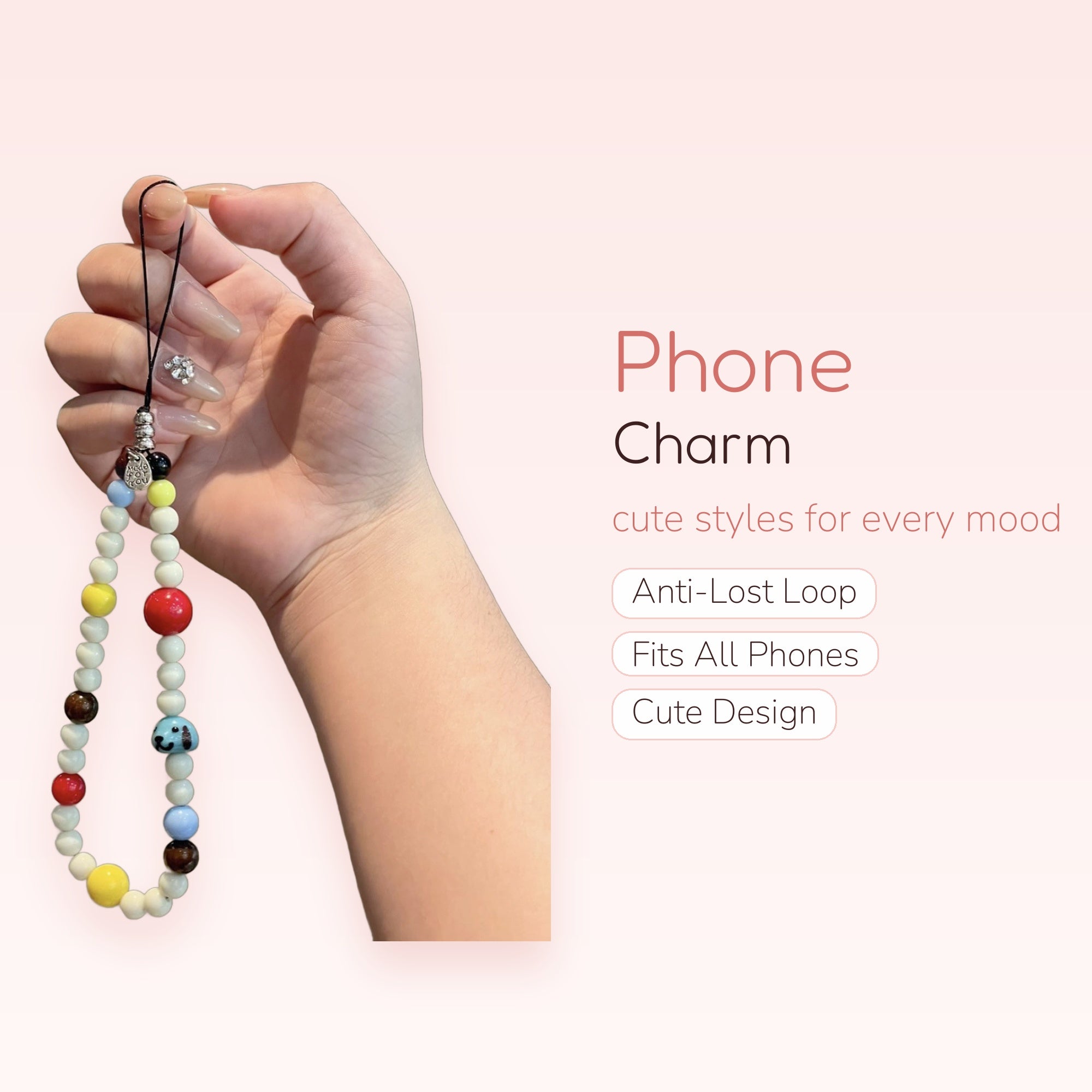 Cute Beaded Phone Charm Strap | Colorful Pearl & Character Wrist Lanyard
