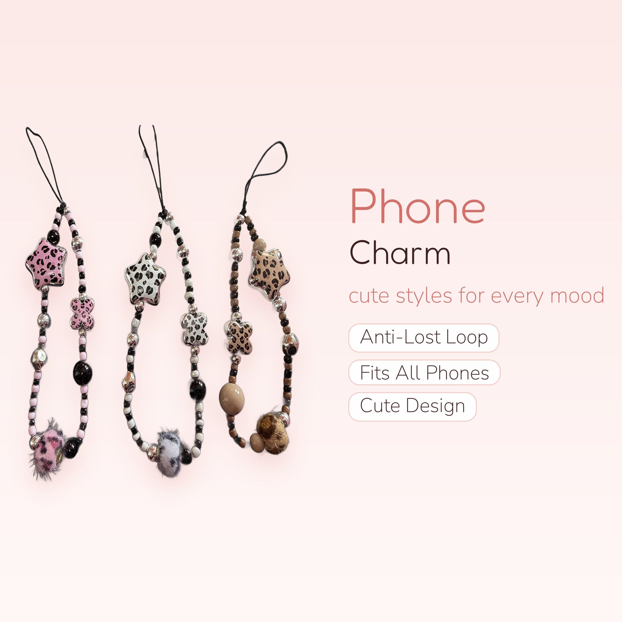 Y2K Leopard Print Star & Clover Phone Charm | Aesthetic Beaded Wrist Lanyard