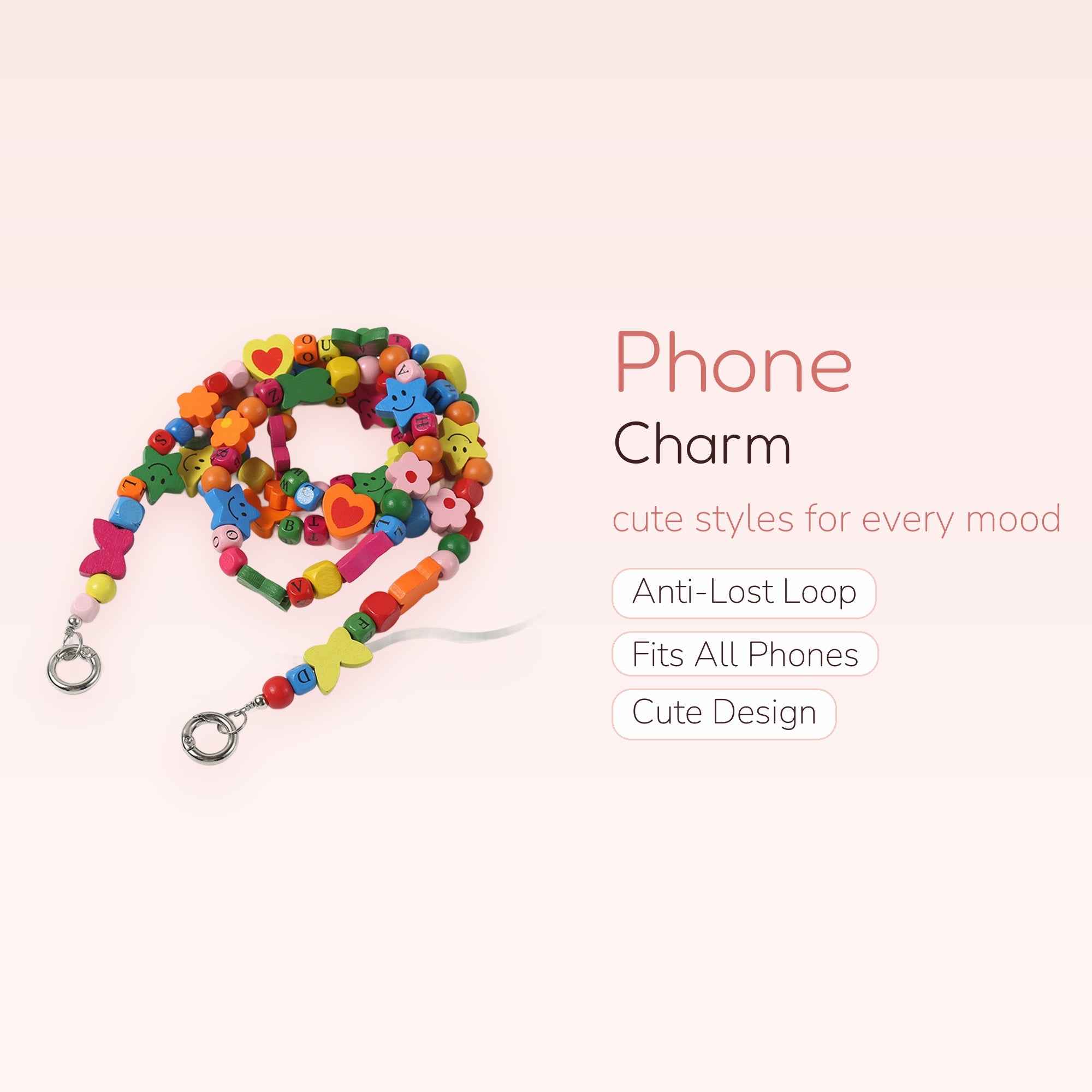Kawaii Wooden Bead Phone Charm Strap | Colorful Alphabet & Shape Wrist Lanyard