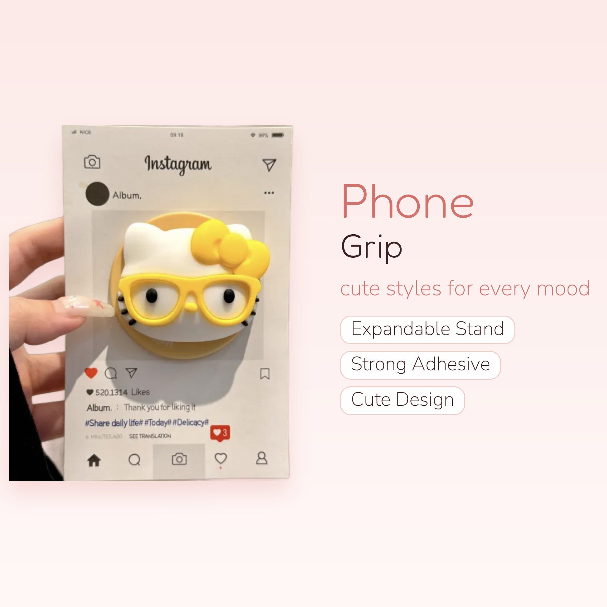 Kawaii Hello Kitty Yellow Glasses Phone Grip | Cute Pop Socket Stand